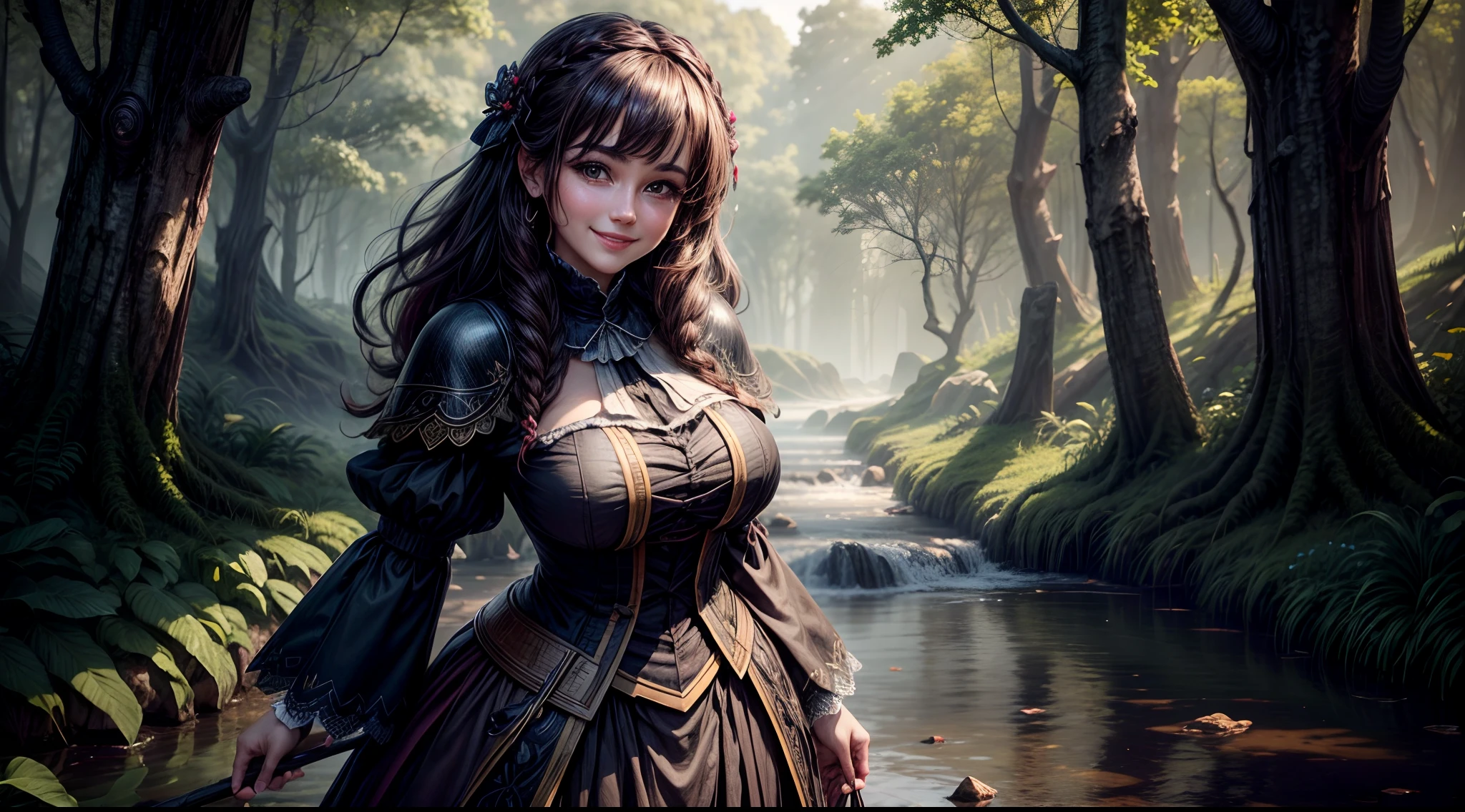 Beautiful woman, 8k, standing, big brests, Joyful clothes, in nature, Beautiful smile, she's looking at us, dark theme
