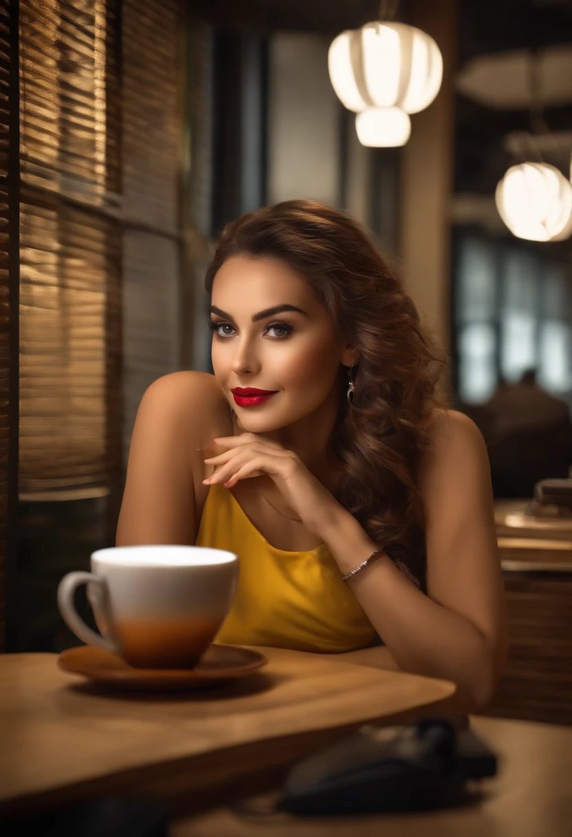 (fotorrealista: 1.4), (mejor calidad: 1.0), (Ultra Highres: 1.0), 8k, foto RAW, (obra-prima: 0.2), 1girl, piel hermosa, Piel detallada, Sonriente, sentada, Parte superior del cuerpo, (office lady :1.5, café:1.5)