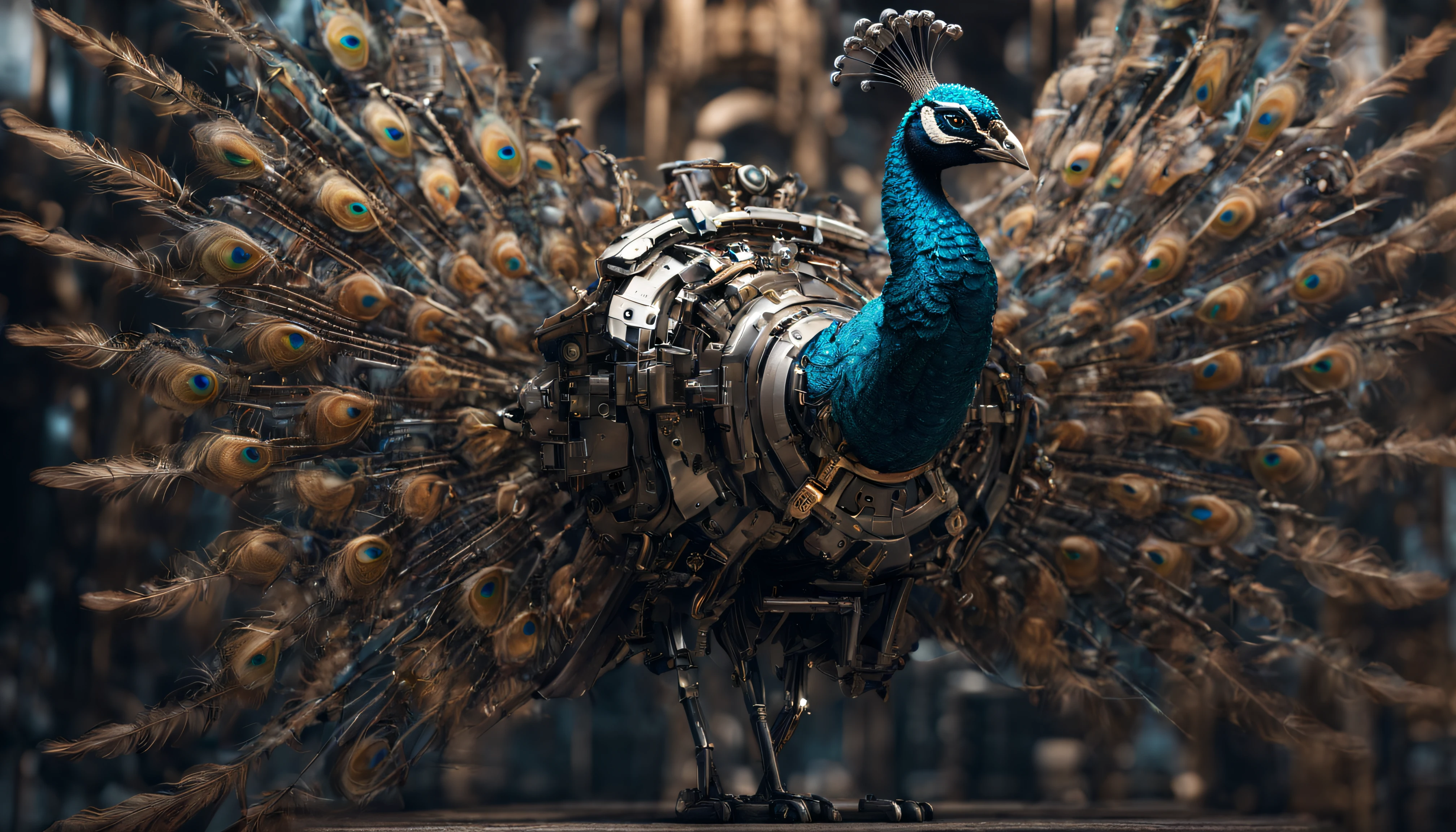 ((mechanical peacock)), cyborg, machinery, expanding wings in the back, rich colors, detailed portraits, Super detailed, 8k, 16k, Unreal Engine 5, Intricate details, ultra realistic peacock, ((long tail)), ((tail feathers composed of machine parts)), (surrealist style),