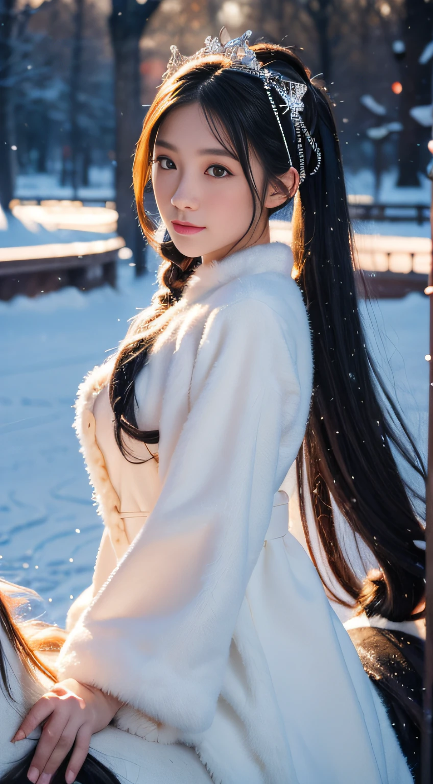 ((Beautiful 30 year old woman))、Beautiful fece、Young and beautiful 30 year old woman、Outside、In the crystal and ice area、((Snow flutters while sparkling))、(((ride horse)))、White time、(black and long curly hair、poneyTail)、length hair、eye reflections、scornful、Ray traching、reflective light、bblurry、shining light、depth of fields、Chiaroscuro、stereograms、Zoom Layer、cowboy  shot、F / 2.8、bokeh dof、​masterpiece、top-quality、hightquality、hard disk、((Winter costume))