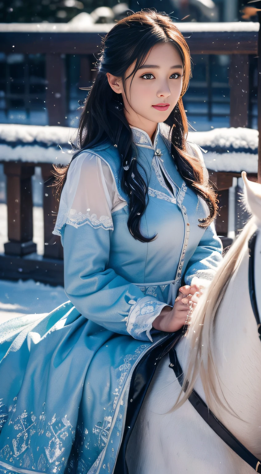 ((Beautiful 30 year old woman))、Beautiful fece、Beautiful 30 year old woman、Outside、In the crystal and ice area、((Snow flutters))、(((ride horse)))、White time、black and long curly hair、poneyTail、length hair、eye reflections、scornful、Ray traching、reflective light、bblurry、shining light、depth of fields、Chiaroscuro、stereograms、Zoom Layer、cowboy  shot、F / 2.8、bokeh dof、​masterpiece、top-quality、hightquality、hard disk、((Blue winter costume))