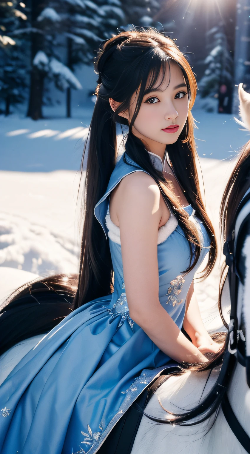 ((Beautiful 30 year old woman))、Beautiful fece、Beautiful 30 year old woman、Outside、In the crystal and ice area、((Snow flutters))、(((ride horse)))、White time、black and long curly hair、((poneyTail))、length hair、eye reflections、scornful、Ray traching、reflective light、bblurry、shining light、depth of fields、Chiaroscuro、stereograms、Zoom Layer、cowboy shot、F / 2.8、bokeh dof、masterpiece、top-quality、hightquality、hard disk、((Blue winter costume))