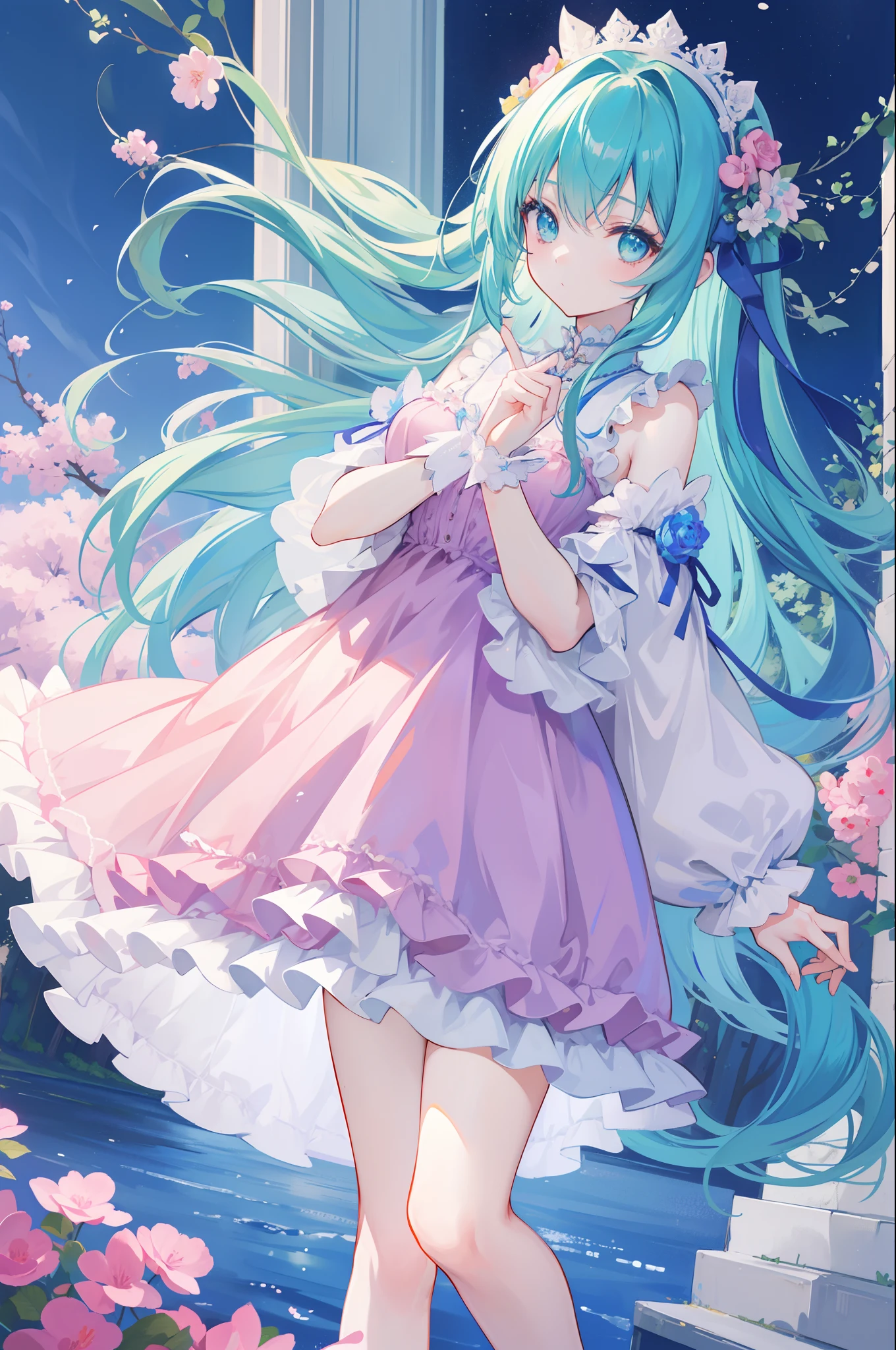 1 girl in、blue long hair、Twin-tailed、Green eyes、Drawn from a specific angle、Looking at the camera、delicate finger、Beautiful illumination、fuffy dress、Pink skirt，Outdoor scene in the background、(High resolution of the highest quality)、((Masterpieces of the highest quality:1.2))