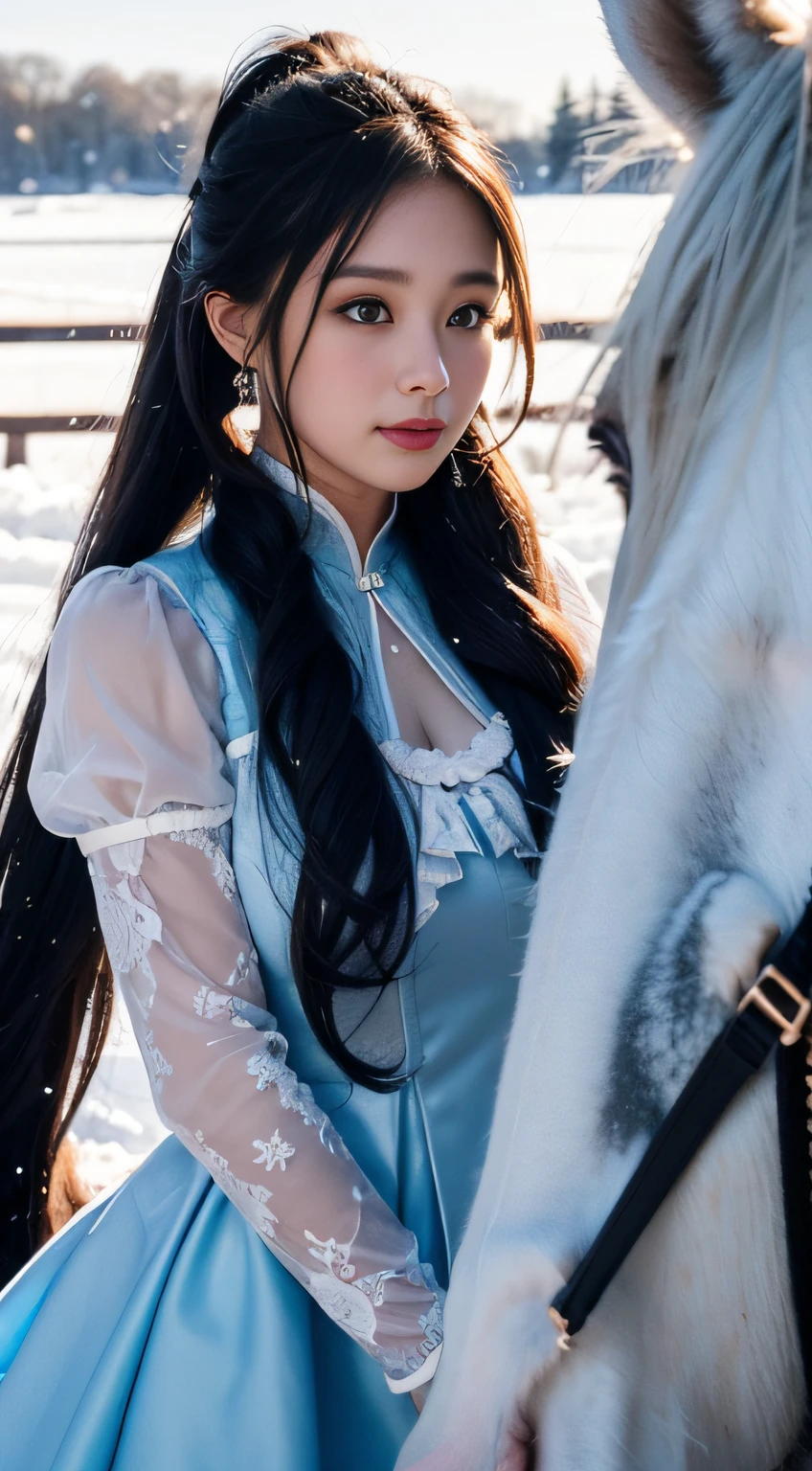 ((Beautiful 30 year old woman))、Beautiful fece、Beautiful 30 year old woman、Outside、In the crystal and ice area、((Snow flutters))、(((ride horse)))、White time、black and long curly hair、((poneyTail))、length hair、eye reflections、scornful、Ray traching、reflective light、bblurry、shining light、depth of fields、Chiaroscuro、stereograms、Zoom Layer、cowboy shot、F / 2.8、bokeh dof、masterpiece、top-quality、hightquality、hard disk、((Blue winter costume))