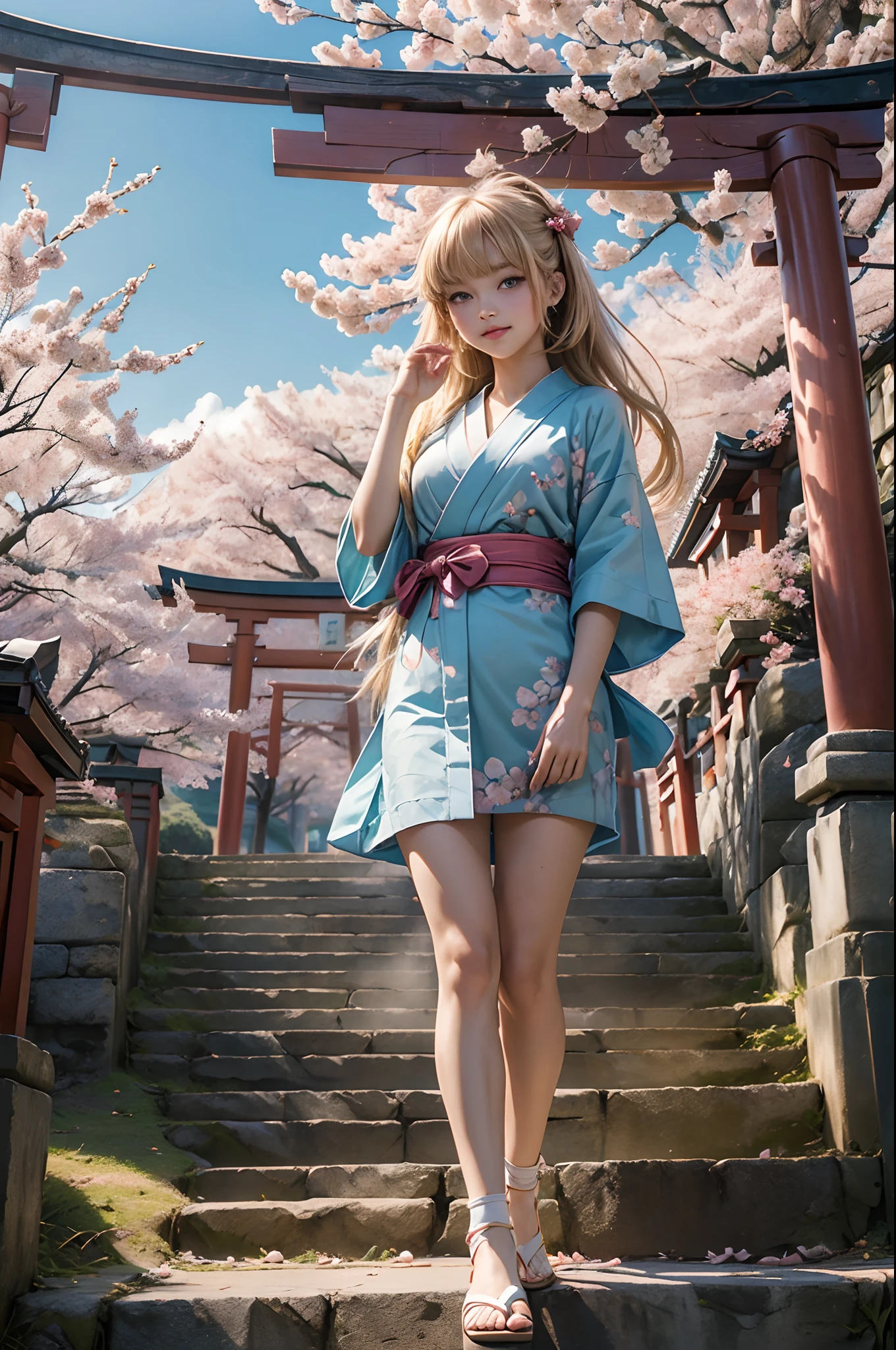 full body,full shot,sfw,beautiful russian: 2 girl in the image of geisha with big bright blue eyes and long fluffy eyelashes of Nordic type with perfect graceful figure and very long and fluffy wavy wheat-colored hair stands full-length on the alley on the background of blooming Japanese pink sakura wearing Japanese kimono and Japanese gate shoes, girl's kimono is lacy with intricate patterns, Little bosom with bulges shines through, the ground where the girl is standing is strewn with sakura petals, the scene is highly artistic, high resolution, clear focus, artistic style Migjorni-V5, hyperphotorealism, perfect proportions, golden ratio, highlight, outline, sunlight, soft glow, soft focus, photography style Monocle.