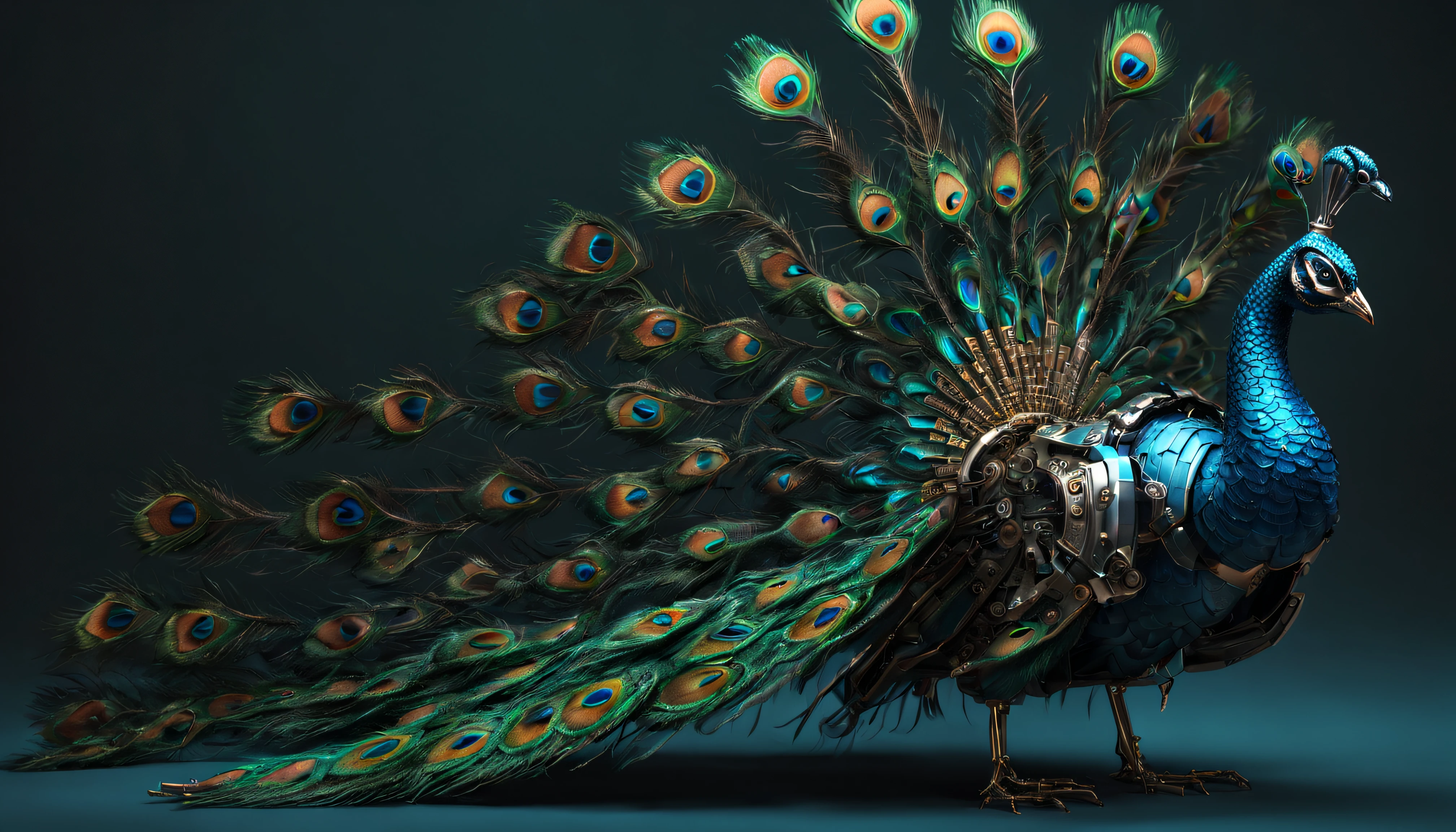 ((mechanical peacock)), cyborg, machinery, spreaded wings, rich colors, detailed portraits, Super detailed, 8k, 16k, Unreal Engine 5, Intricate details, ultra realistic peacock, ((long tail)), ((tail feathers composed of machine parts)), (surrealist style),