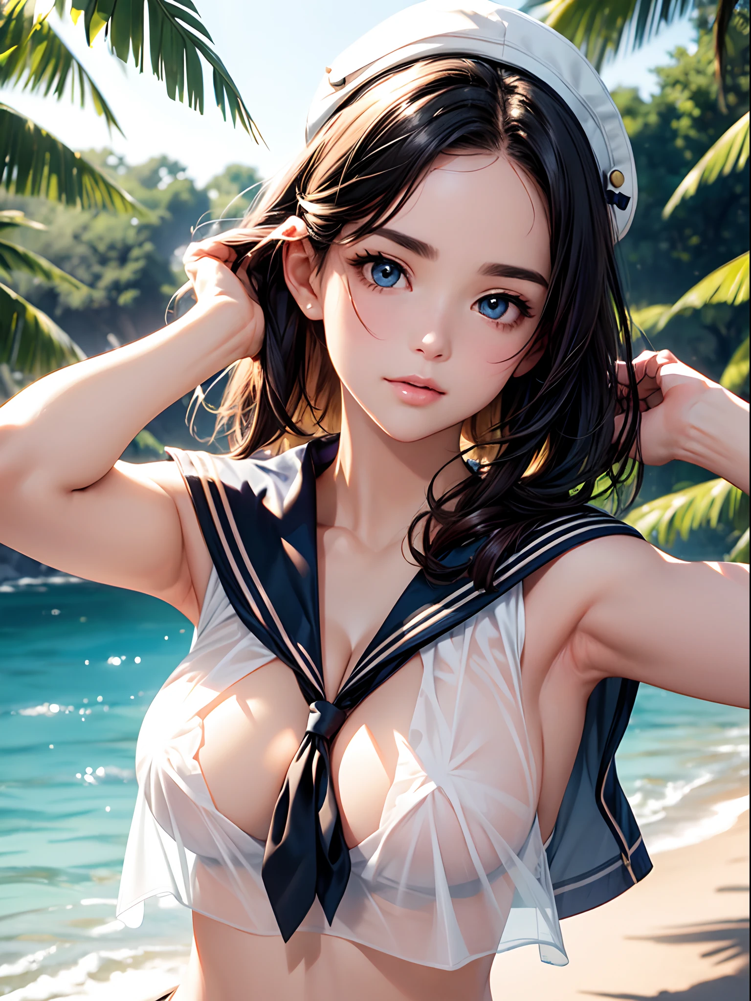 Close up of face, beautiful face, cute face, (((toppless))), (((sheer sailor shirt , Sleeveless ))), (((Show off cleavage))), (((Large breasts))), (((Open front))), Detailed beautiful eyes, (((Sunny))), extremely detailed CG unified 8k wallpaper, very fine 8KCG wallpaper, (masterpiece, Best Quality), High resolution, Ultra-detailed, ultra-sharp, 1 girl, Naked, perfecteyes eyes
