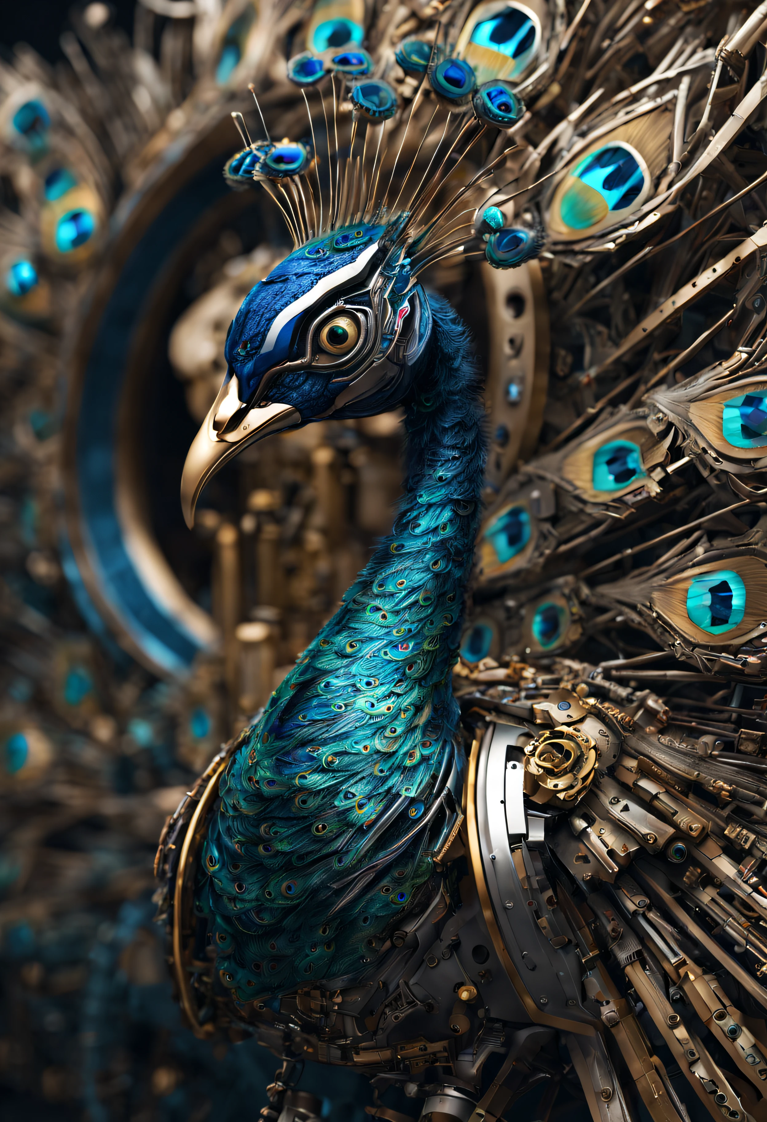 ((mechanical peacock)), cyborg, machinery, rich colors, detailed portraits, Super detailed, 8k, 16k, Unreal Engine 5, Intricate details, ultra realistic peacock, ((long tail)), ((tail feathers composed of machine parts)), (surrealist style),