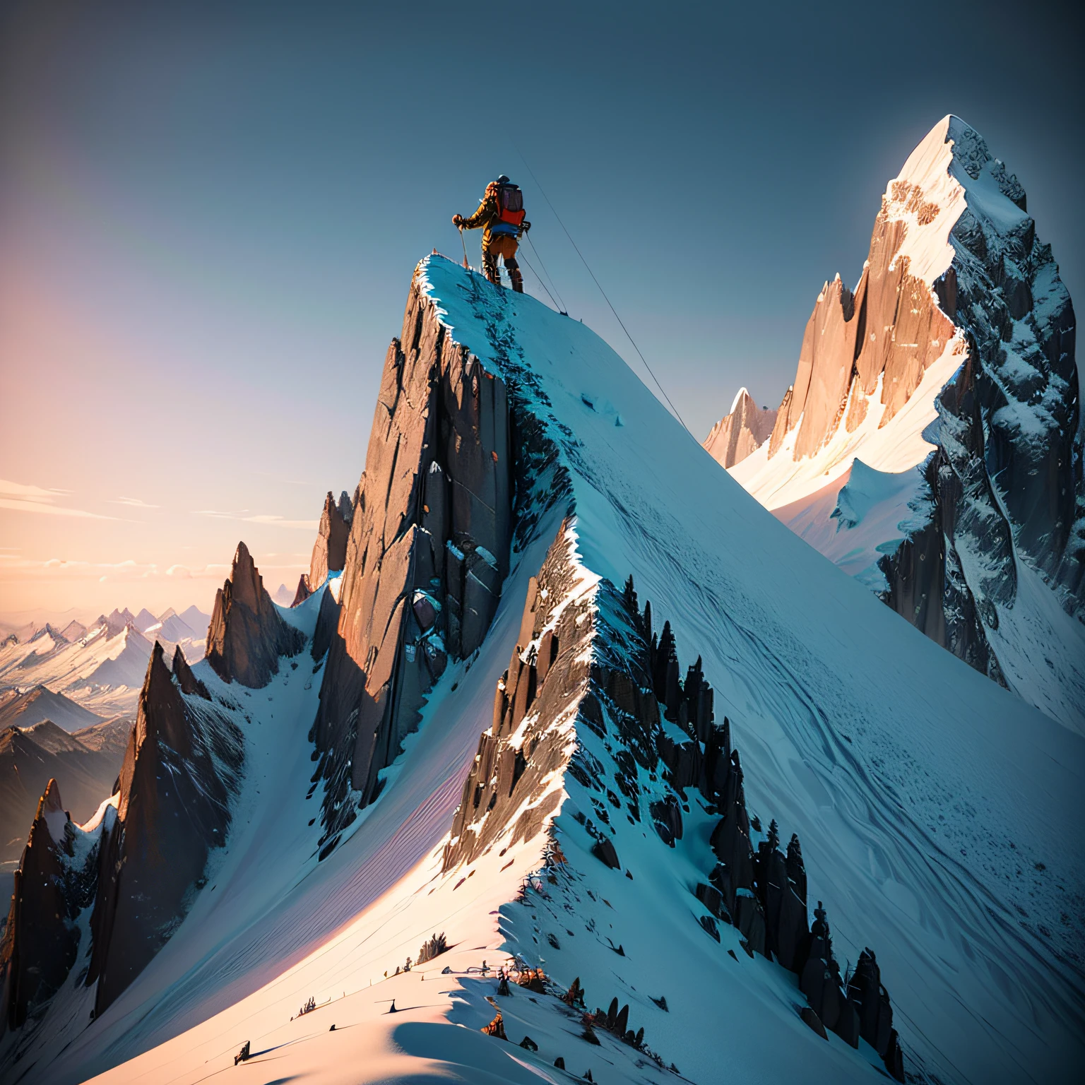 mountaineer reaches the summit, close-up,epic,phenomenal mountaineering,extreme challenge,adventure,ultrafine painting,vivid colors, HDR, professional,studio lighting,physically-based rendering,national geographic,photorealistic,4K,ultra-detailed,masterpiece,cinematic lights