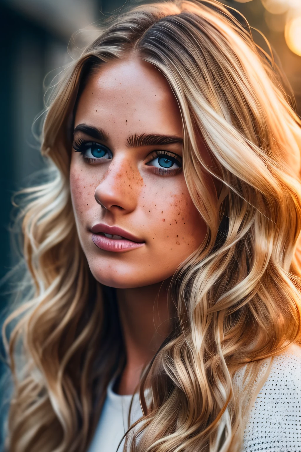 Professional portrait photo of a gorgeous Norwegian girl with a crowded outdoor night in the background, long wavy blonde hair, sultry sexy look, (freckles), gorgeous symmetrical face, cute natural makeup, realistic, concept art, elegant, highly detailed, complex, sharp focus, depth of field, f/1. 8, 85mm, mid, mid, (professional color grading)), clear focus, bright soft diffuse light, (volumetric fog), popular on Instagram, HDR 4K, 8K, fat