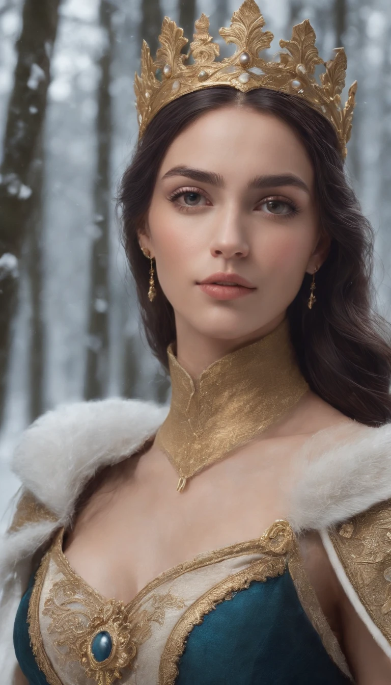 Woman with an ice tiara on her head and a navy blue winter cloak with golden details, broche de floco de neve. longos cabelos pretos. rainha do inverno, princesa elfa, retrato de uma rainha elfa, rainha elfa, princesa inverno, uma rainha elfa, artgerm em artstation pixiv, bela e elegante rainha elfa, corpo inteiro. Standing in the snow in front of a large icy castle. Personagem de RPG. Era medieval. Mulher elfa. Elfa de cabelos ruivos. Olhos azuis. Elfa da floresta. Elfa Guerreira da floresta. Elfa arqueira. Arqueira medieval. Arco e Flecha. Organic Amadura. Armadura verde musgo. soft ilumination. Standing in the middle of the forest. Floresta densa. Cogumelos bioluminescentes. fantastical setting. Luz do dia. Luz solar. realces de cores quentes. Paleta verde azul e amarelo. RPG Character design. modelo ig | artgerm, :: rossdraws, obra de arte no estilo de guweiz, extremamente detalhada artgerm. corpo inteiro, fundo detalhado de um castelo, hiper detalhado, rosto detalhado, foto sincera POV, por lee jeffries, Nikon d850, filme fotografia de estoque ,4 kodak portra 400, F1 camera lens.6, cores ricas, hiper realista, textura realista, lighting dramatic, cinestill 800 (8k, Foto RAW, melhor qualidade, obra-prima: 1.2), ultra-detalhado, (pele altamente detalhada: 1.2), 8k UHD, DSLR, soft ilumination, alta qualidade.modelo ig | artgerm, :: rossdraws, obra de arte no estilo de guweiz, extremamente detalhada artgerm. corpo inteiro, fundo detalhado de um castelo, hiper detalhado, rosto detalhado, foto sincera POV, por lee jeffries, Nikon d850, filme fotografia de estoque ,4 kodak portra 400, F1 camera lens.6, cores ricas, hiper realista, textura realista, lighting dramatic, cinestill 800