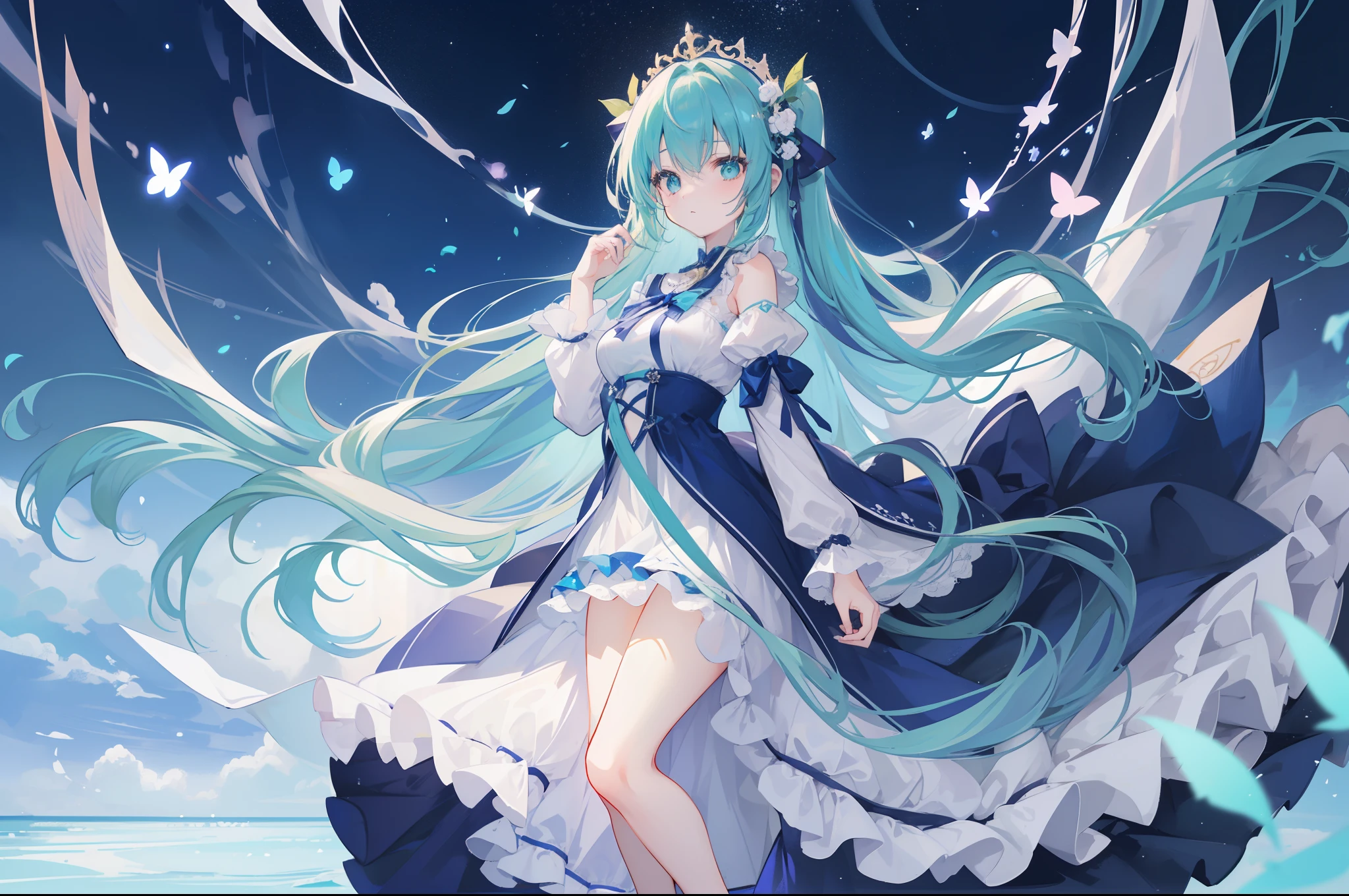 1 girl in、Blue Long Hair、Twin-tailed、Green eyes、Drawn from a specific angle、Looking at the camera、delicate finger、beautiful ilumination、fuffy dress、Navy blue skirt,Outdoor scene in the background、(High resolution of the highest quality)、((Masterpieces of the highest quality:1.2))