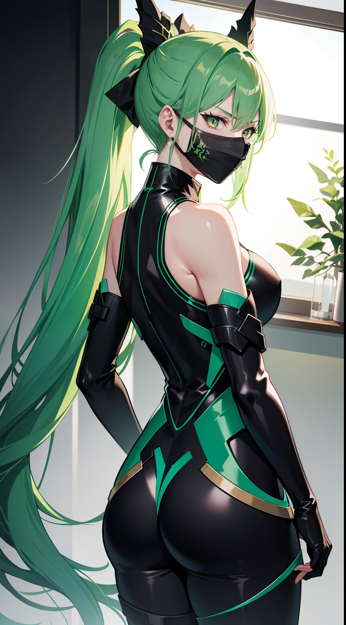 Adult woman, Long green hair, high ponytail, white eyes, black tight form, mask, angry, view from behind, smile, masterpiece, hiquality, 4k, HD, Good detail