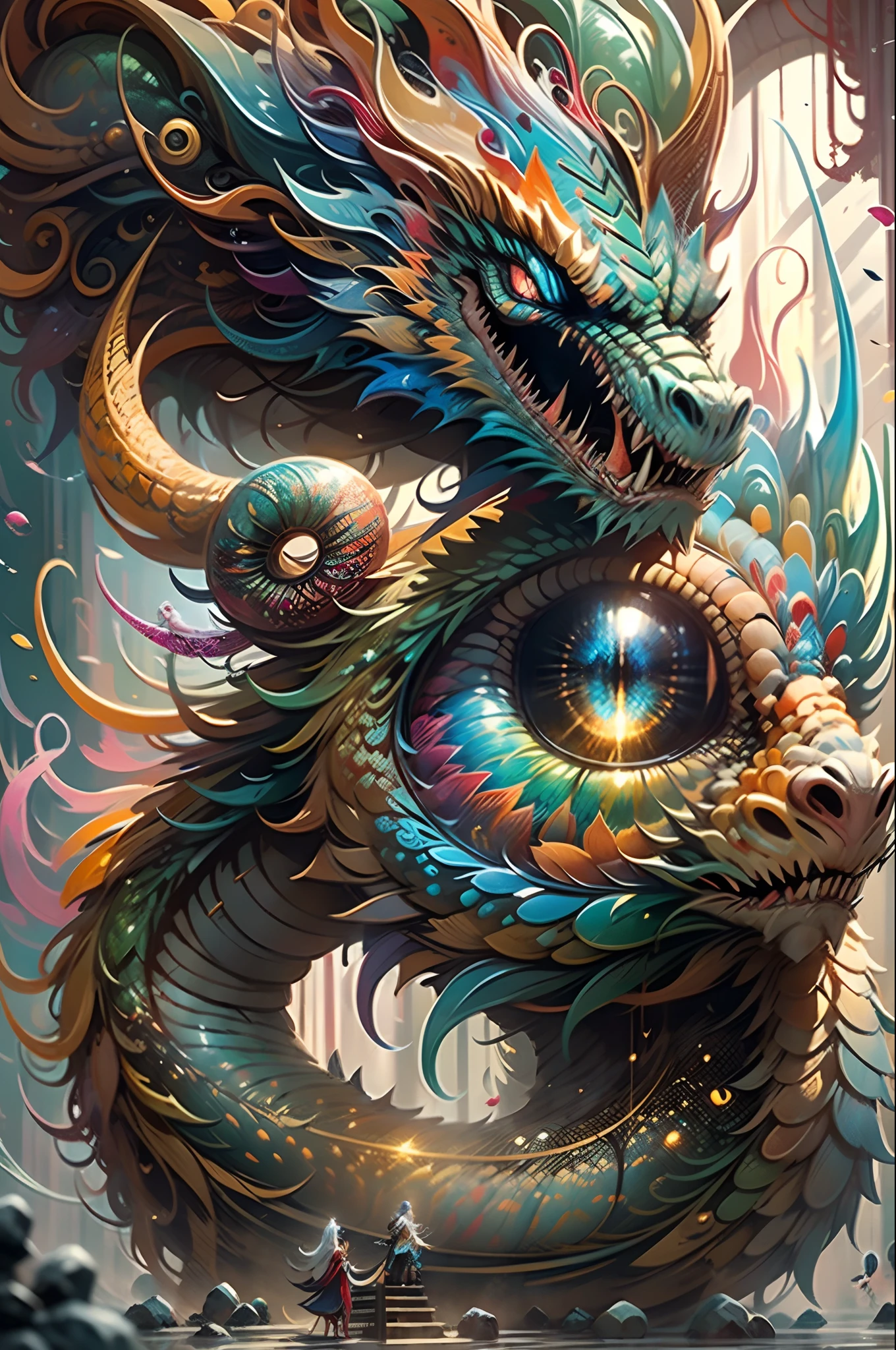 (masutepiece, of the highest quality, Best Quality, Official art, Beautiful and aesthetic:1.2), (1 Elf Girl), Extremely detailed, Glamorous jewelry, long shapeless hair, (Fractal Art:1.3),Colorful, Cinematic Illumination, Ethereal background.best qualtiy，tmasterpiece，超A high resolution，without humans，（long to：1.2），（finely：1.2），Long hair，sharpteeth，e Blue Eyes，tusk，der riese，1boys，a bird，outside of house，standing on your feet，Balance，​​clouds，banya，from the rear，s Armor，Skysky，with her mouth open，faceoff，Accumulation power，ogre，Size difference，White hair，buliding，Vale，（textures true to reality：1.2），（Glowing multicolored scales：1.2），（realistic detail：1.2），（[frontage|Lateral face]：1.1），nffsw，Ultra-detailed 3D modeling，like Tim Burton、Dale Chihuli、Xiaolongcheng、Other writers such as Cyril Rowland and Jr... Giger's painting style is equally magical。Shadows and lighting intertwine，Produce great results。