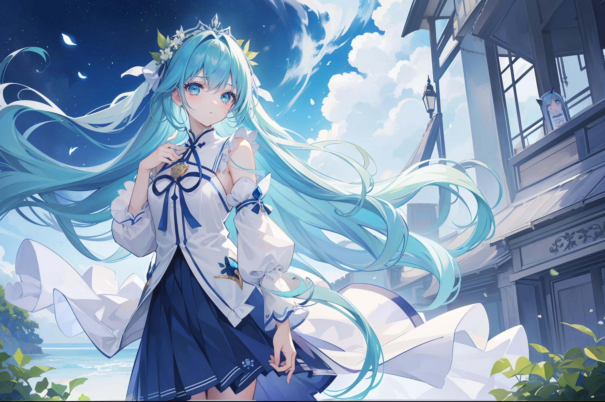 1 girl in、Blue Long Hair、Twin-tailed、Green eyes、Drawn from a specific angle、Looking at the camera、delicate finger、beautiful ilumination、fuffy dress、Navy blue skirt,Outdoor scene in the background、(High resolution of the highest quality)、((Masterpieces of the highest quality:1.2))