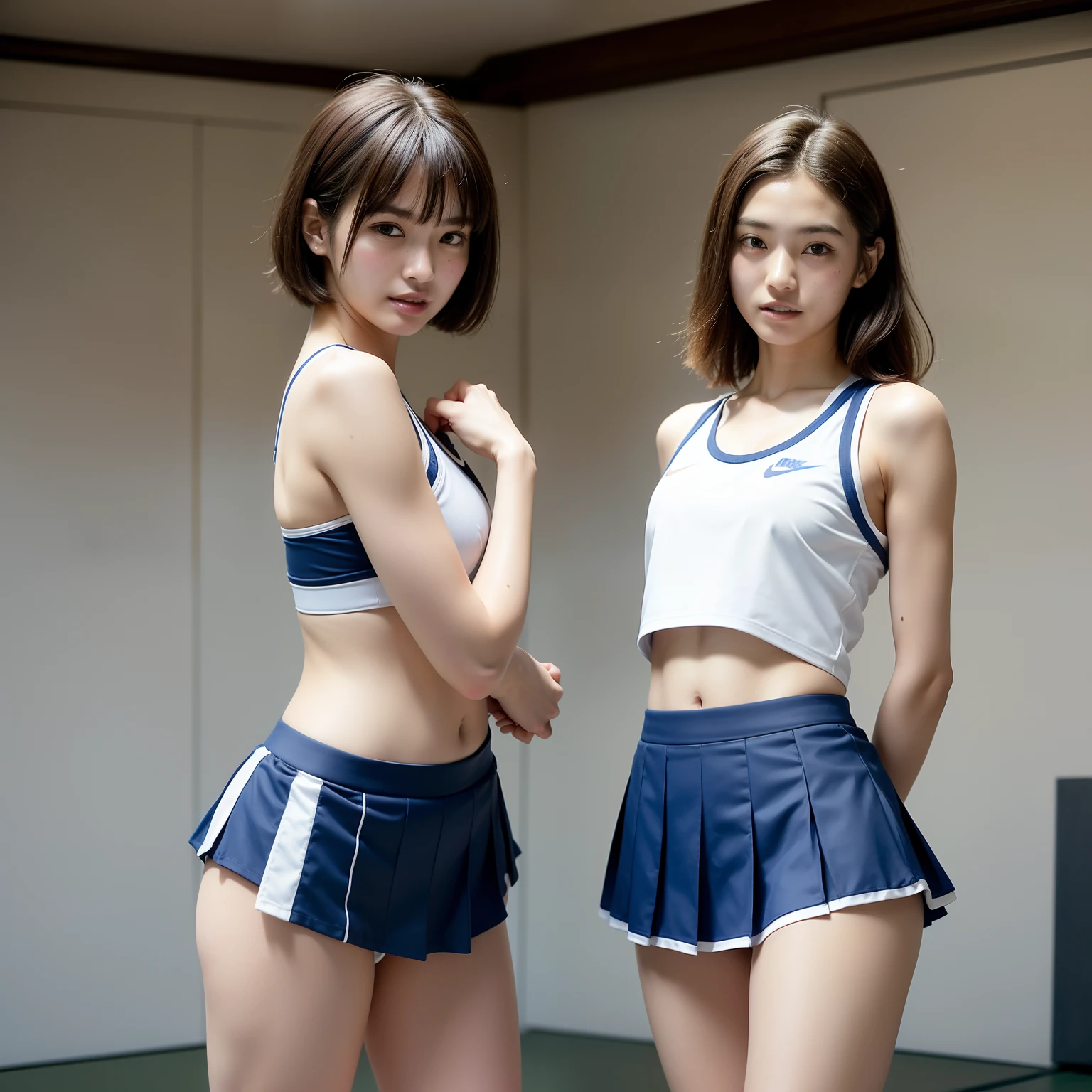 (2girls:1.2), (a detailed full-body RAW photo of a girl), (masutepiece:1.0), (Best Quality:1.4), (超A high resolution:1.2), (Photorealistic:1.4), 8K resolution, Canon EOS R5, 50 millimeters, absurderes, ultra-detailliert, (18 year old), Sharp Focus, Cinematic lighting, Detailed beautiful face, (no-makeup:1.2), (ulzzang -6500-v1.1), petite figure, Detailed skin texture, flat chest, (skinny and fit body:1.6), Detailed brown hair,  sweltering,(Very short hair:1.5), (Very thin fit blue and white Nike short cheerleader uniform:1.5), (tight miniskirt:1.3),  (Tube Top:1.3), (See-through:1.2), realistic glistening skin, (Sweating:1.3), Detailed texture, (Japan National Team Players:1.5), (flat chest:1.5), (no bra:1.2), (Erect :1.3), (Tilt upper body forward and turn around and show hip:1.5), (from behind), (Cameltoe:1.3)(up skirt:1.5), (sun burn:1.5), (up skirt), (sports gym), (smile with teeth:1.5), ((bend upper body forward)), ((look back)), ((show hip)), from bellow, (leaning flont:1.5), ((Bend forward with your hands on your knees))