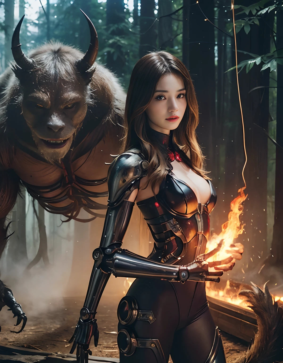 (1 Mechanical Girl)、top-quality、masterpiece、超A high resolution、(Photorealsitic:1.4)、Raw photo、女の子1人、Fight mutants、glowy skin、(((1 Mechanical Girl)))、With a beautiful knife、(Yellow Metal Bodysuit)、(Kobold、ogre、Fierce battle with orcs),(Fight fiercely against aliens)、Fight fiercely、(beautiful forest background)、(Fighting Demonic Beasts)、(Small LED)、((super realistic details))、portlate、highly intricate detail、Realistic light、(Mystical expression),CGSoation Trends、(Strong giant demon beast background),globalillumination、Shadow、octan render、8K、ultrasharp、Colossal tits、Raw skin is exposed in cleavage、metals、Details of complex ornaments、Japan details、highly intricate detail、Realistic light、(Mystical expression),CGSoation Trends、Red Eyes、radiant eyes、Facing the camera、neon details、(Mechanical limbs)、(blood vessels connected to tubes)、Mechanical vertebrae attached to the back、mechanical cervical attaching to neck、(Wires and cables connecting to the head)、Gundam、Small LED、,Mechanical thighs、Toostock、(Hands are also made of machines)、(Attack of the Monster Beasts)、(Wounded in a deadly battle)、