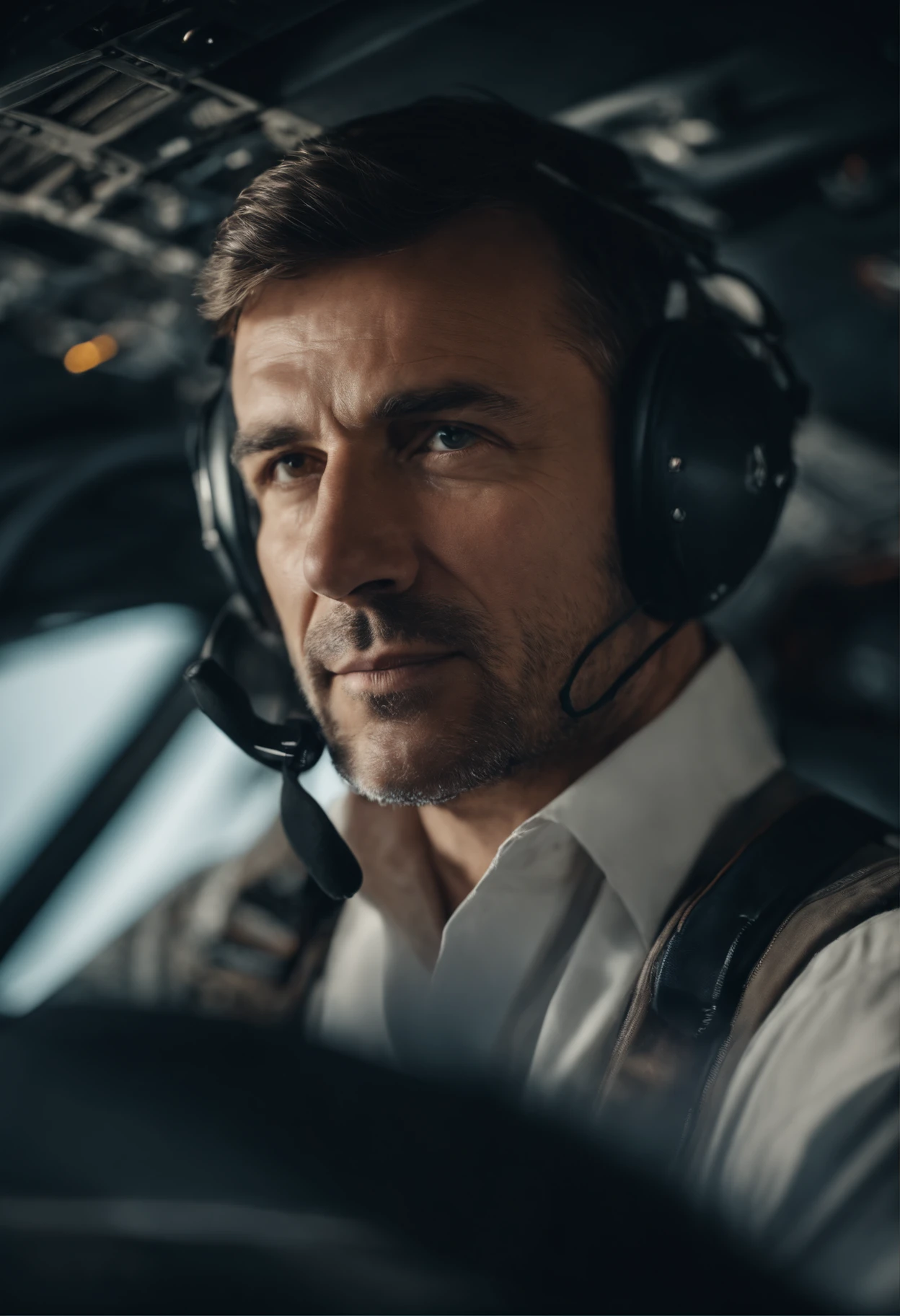 portrait d'un pilote d'avion de 40ans, Face camera, cockpit, uhd