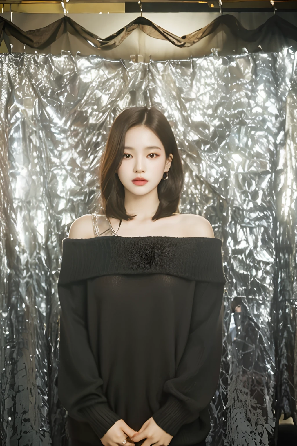 Arafe woman in black sweater standing in front of silver curtains, portrait of jossi of blackpink, Park Jimin / Park Ji-min, heonhwa choe, blackpink jennie, Portrait in the background, Synthwave, with short hair, jiyun chae, official artwork, jaeyeon nam, sonyoonjoo, seseon yoon
