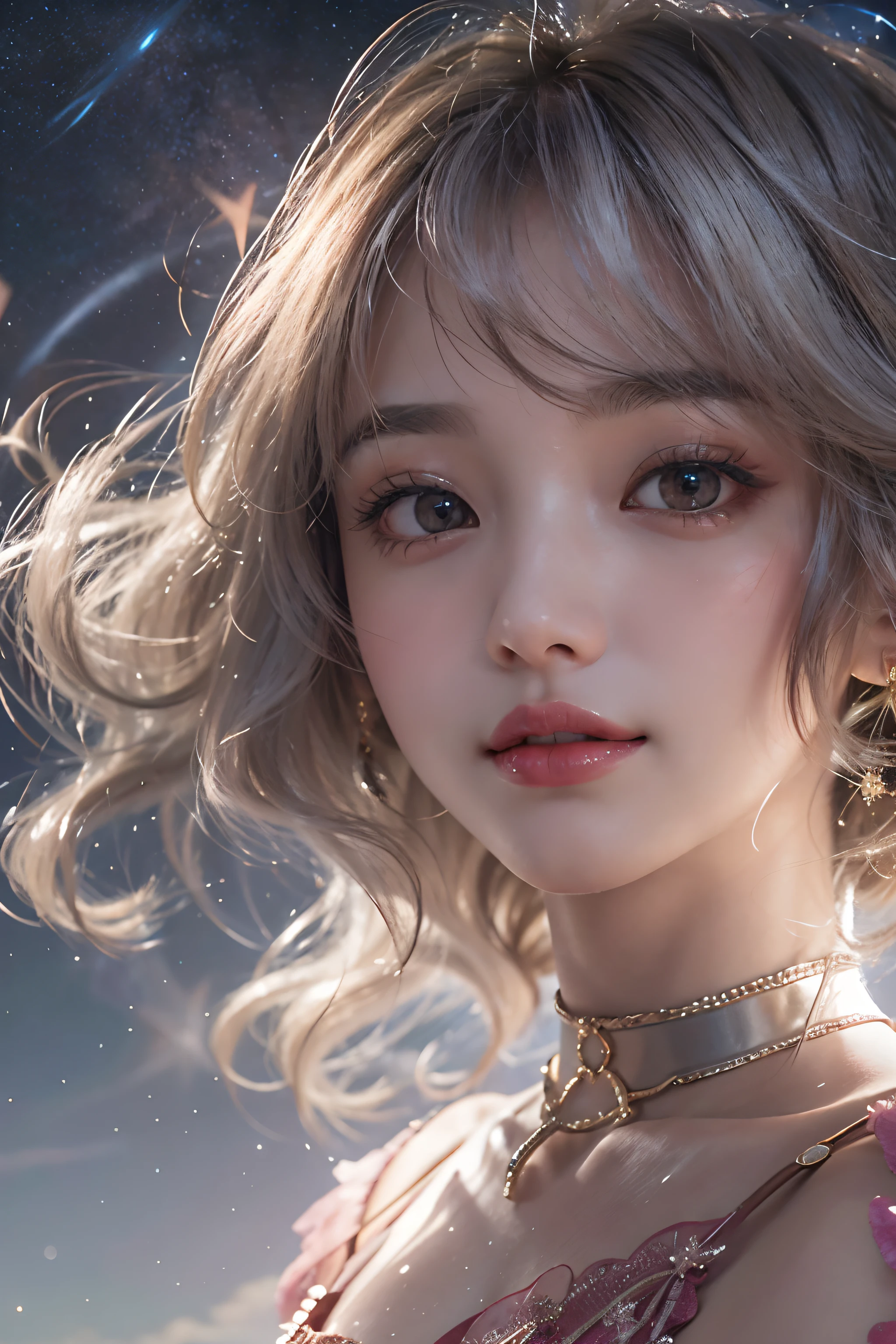 ((fullllbody))、 (Photoreal Stick:1.2)、8K UHD、hight resolution、(1girl in)、in her 20s、(looking at view)、((((nigh sky)))white  hair), (Medium Hair)、(Pattsun bangs)、((The best smile))、(High quality shadows)、Detail Beautiful delicate face、Detail Beautiful delicate eyes、Pretty Kpop Girl、(Korean Urzan Face)、(ulzzang -6500-v1.1:0.6)、pureerosface_v1、gloweyes、perfectbody、 Incredible dynamic range photography(UTIL_Art by Smoose-768:1.1)、teak、Bright red lipstick、Glossy lips、(a choker)、((Brown eyes))、((Beautiful Finger))、 Shiny hair、Description beautiful delicate hair、(Lustrous skin)、(Knitted Dresses)、(((Beautiful Starry Sky)))、