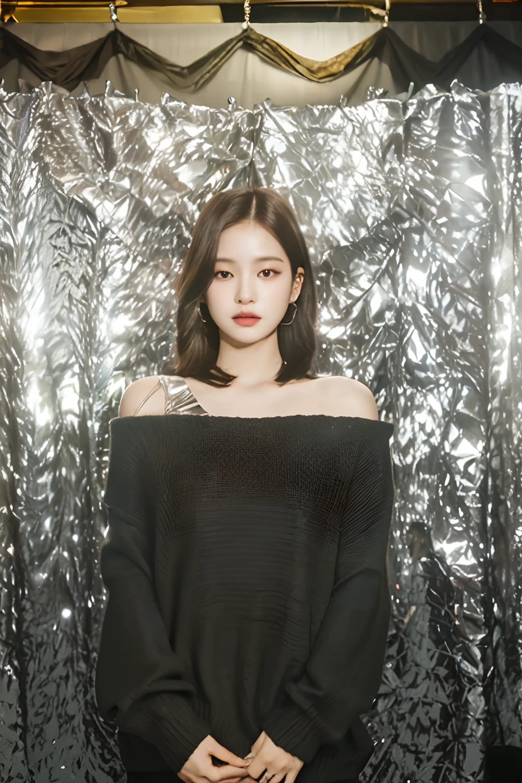 Arafe woman in black sweater standing in front of silver curtains, portrait of jossi of blackpink, Park Jimin / Park Ji-min, heonhwa choe, blackpink jennie, Portrait in the background, Synthwave, with short hair, jiyun chae, official artwork, jaeyeon nam, sonyoonjoo, seseon yoon