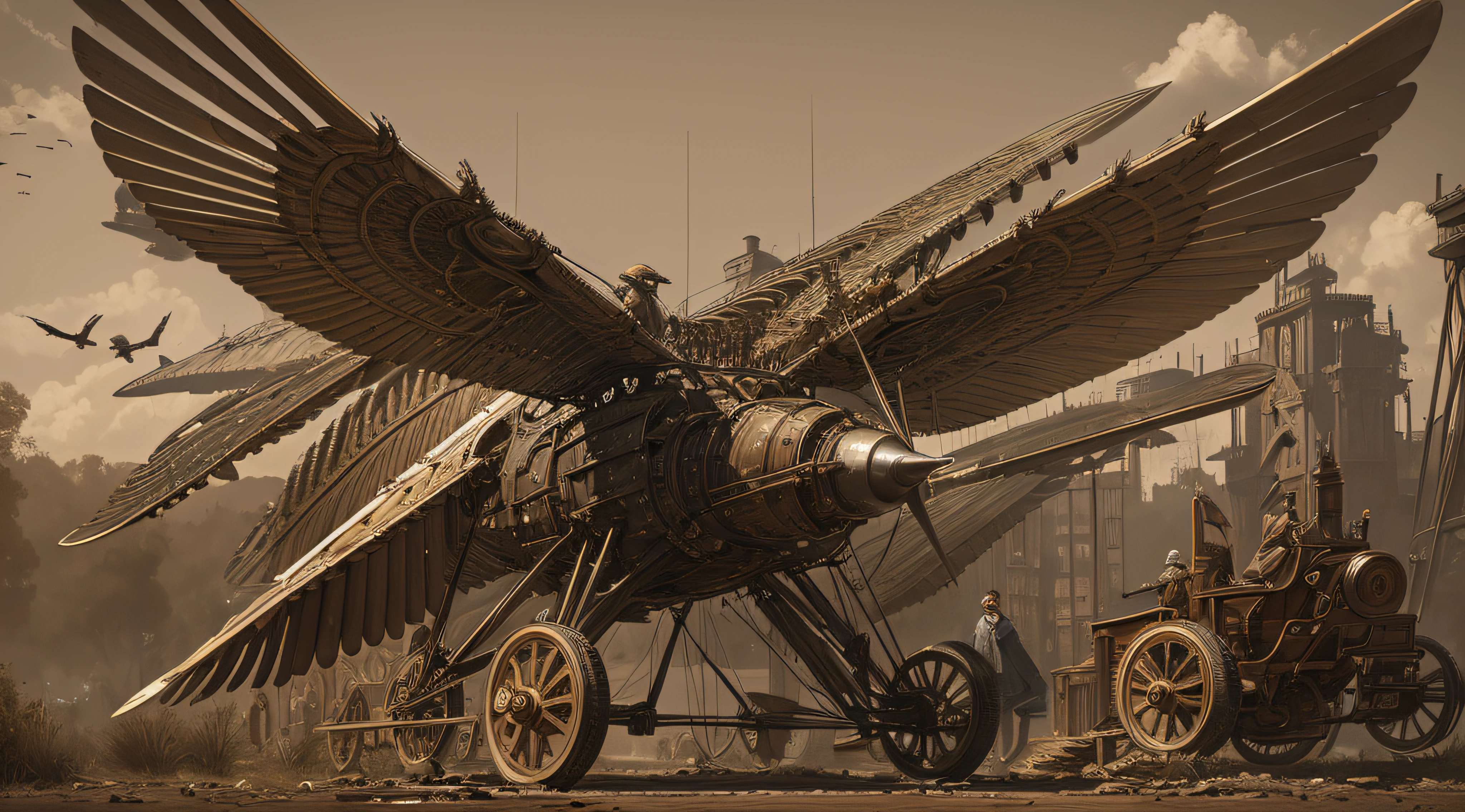 the best quality, birds mechanical machine of 1891, pioneer of aeronautics, sepia. gears, metal feathers, mechanical wings