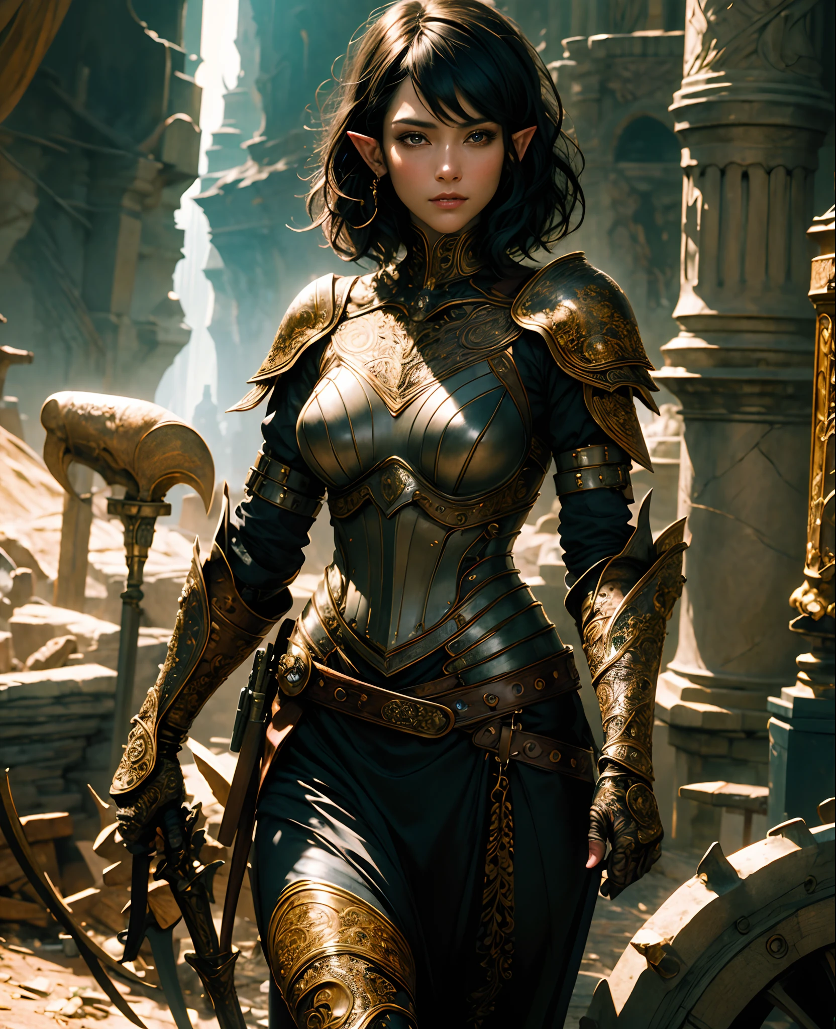 (masterpiece:1.2) (illustration:1.1) (best quality:1.2) (detailed) (intricate) (8k) (HDR) (wallpaper) (cinematic lighting) (sharp focus), beautiful woman, skinny, elf, fair skin, short black hair, shinny armor, black leather, serious face