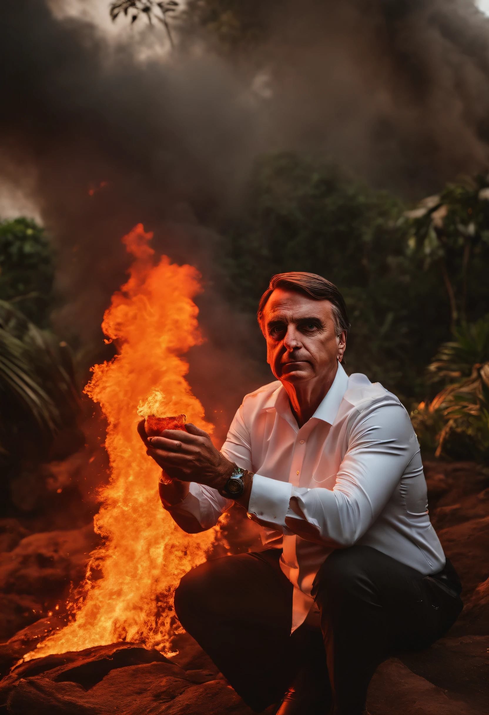 criar uma imagem realista do Bolsonaro no meio do inferno, sua boca aberta vomitando lava em chamas, seus olhos e ouvidos jogando chamas;