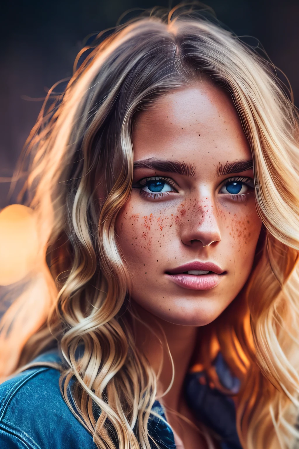 Professional portrait photo of a gorgeous Norwegian girl with a crowded outdoor night in the background, long wavy blonde hair, sultry sexy look, (freckles), gorgeous symmetrical face, cute natural makeup, realistic, concept art, elegant, highly detailed, complex, sharp focus, depth of field, f/1. 8, 85mm, mid, mid, (professional color grading)), clear focus, bright soft diffuse light, (volumetric fog), popular on Instagram, HDR 4K, 8K, fat