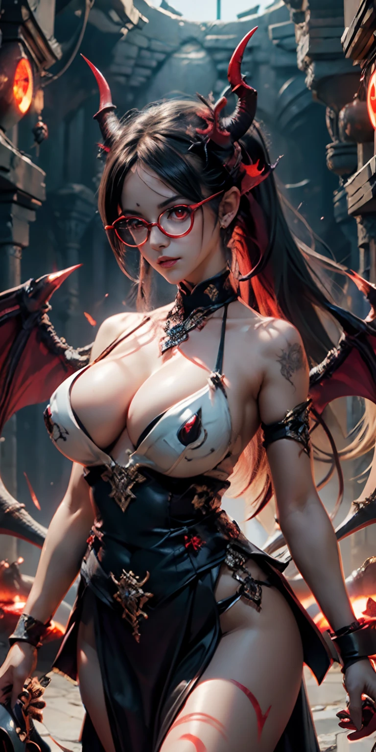 Fine、(The best illustrations)、8k UHD resolution、intricate-detail、top-quality、realisitic、ultra-detailliert、The best lighting、Best Shadows、Soft lighting、Ulutra HD、Dungeon and Dragon、caves、Dungeon、 A Necromancer、natta、Dark style、Succubus、Devil's Daughter、Bat Wings，(((Demon Horns)))、((((black-rimmed round glasses))))、(((Colossal tits)))、(Devil's Tail)、(red eyes glowing:1.6)、​masterpiece、beautiful countenance、Tindall Effect、photos realistic、(High Detail Skins:1.2)、8KUHD、Digital SLR、hightquality、a picture、hight resolution、 absurderes、Ponytail distortion、best ratio four finger and one thumb、女の子1人、hair adornments、Red sparkling gemstone necklace、jewely、Beautiful expression、Body Up、Large breasts emphasis、Toned waist、Wide buttocks、Tindall Effect、Photorealsitic、(High Detail Skins:1.2)、