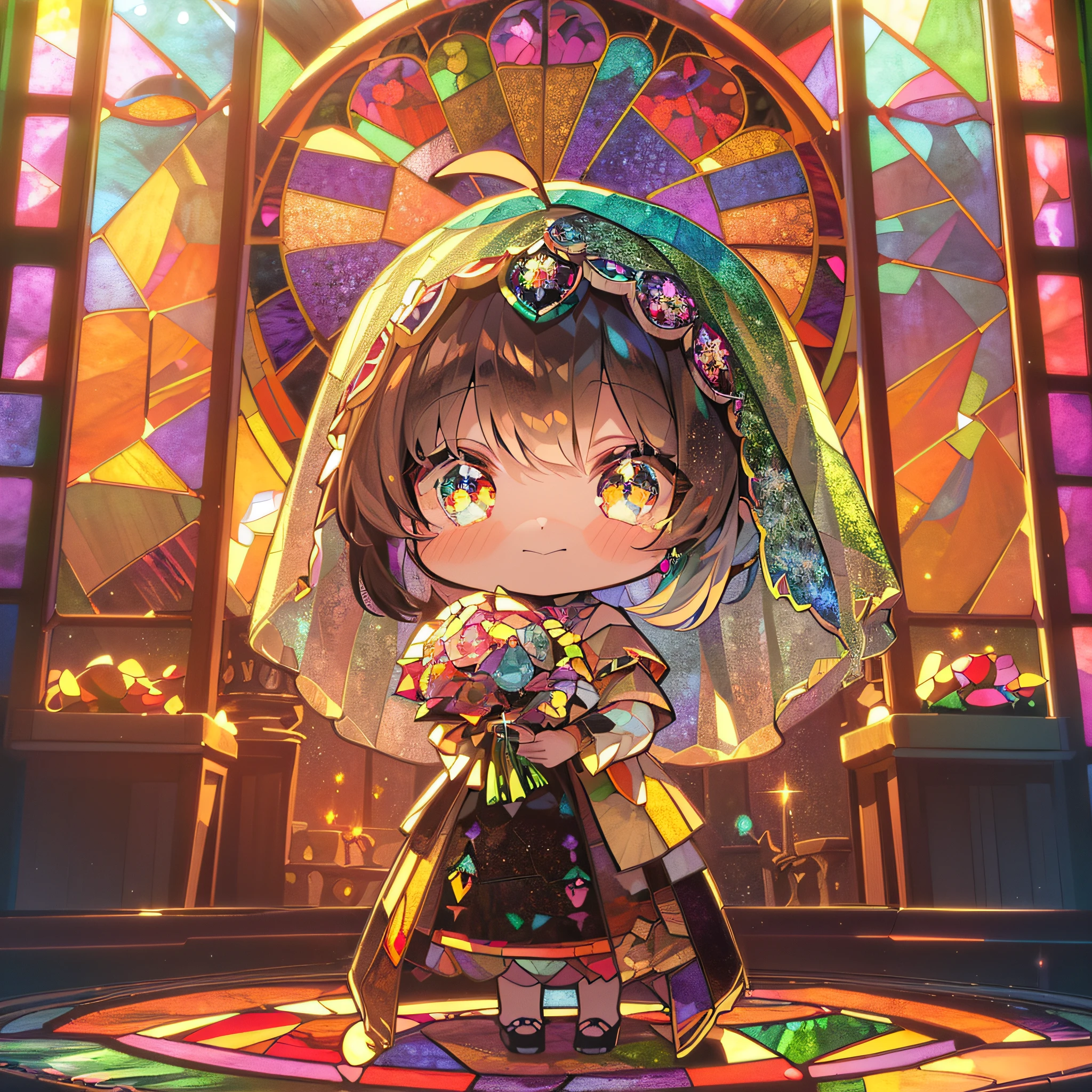 (Gem masterpieces:1.2), Best Quality, Extremely detailed, (Kaleidoscope:1.2), (Stained glass with sparkling gemstones:1.8), Glitter effect, Contre-Jour, (((girl with))), (((Solo))), Happy, Full body, (Hold a bouquet:1.5), ((Mourning)), ((Veil of mourning)), Ahoge, (((Deformed))), (((Chibi Character)))