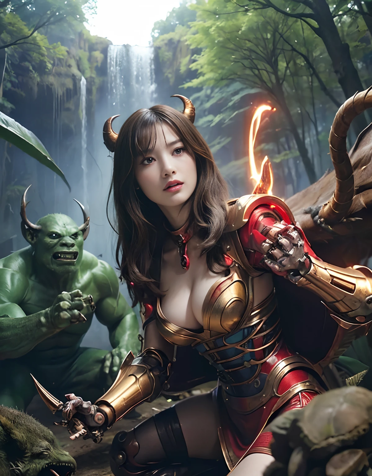(1 Mechanical Girl)、top-quality、masterpiece、超A high resolution、(Photorealsitic:1.4)、Raw photo、女の子1人、Fight mutants、glowy skin、(((1 Mechanical Girl)))、With a beautiful knife、(Yellow Metal Bodysuit)、(Kobold、ogre、Fierce battle with orcs),(Fight fiercely against aliens)、Fight fiercely、(beautiful forest background)、(Fighting Demonic Beasts)、(Small LED)、((super realistic details))、portlate、highly intricate detail、Realistic light、(Mystical expression),CGSoation Trends、(Strong giant demon beast background),globalillumination、Shadow、octan render、8K、ultrasharp、Colossal tits、Raw skin is exposed in cleavage、metals、Details of complex ornaments、Japan details、highly intricate detail、Realistic light、(Mystical expression),CGSoation Trends、Red Eyes、radiant eyes、Facing the camera、neon details、(Mechanical limbs)、(blood vessels connected to tubes)、Mechanical vertebrae attached to the back、mechanical cervical attaching to neck、(Wires and cables connecting to the head)、Gundam、Small LED、,Mechanical thighs、Toostock、(Hands are also made of machines)、(Attack of the Monster Beasts)、