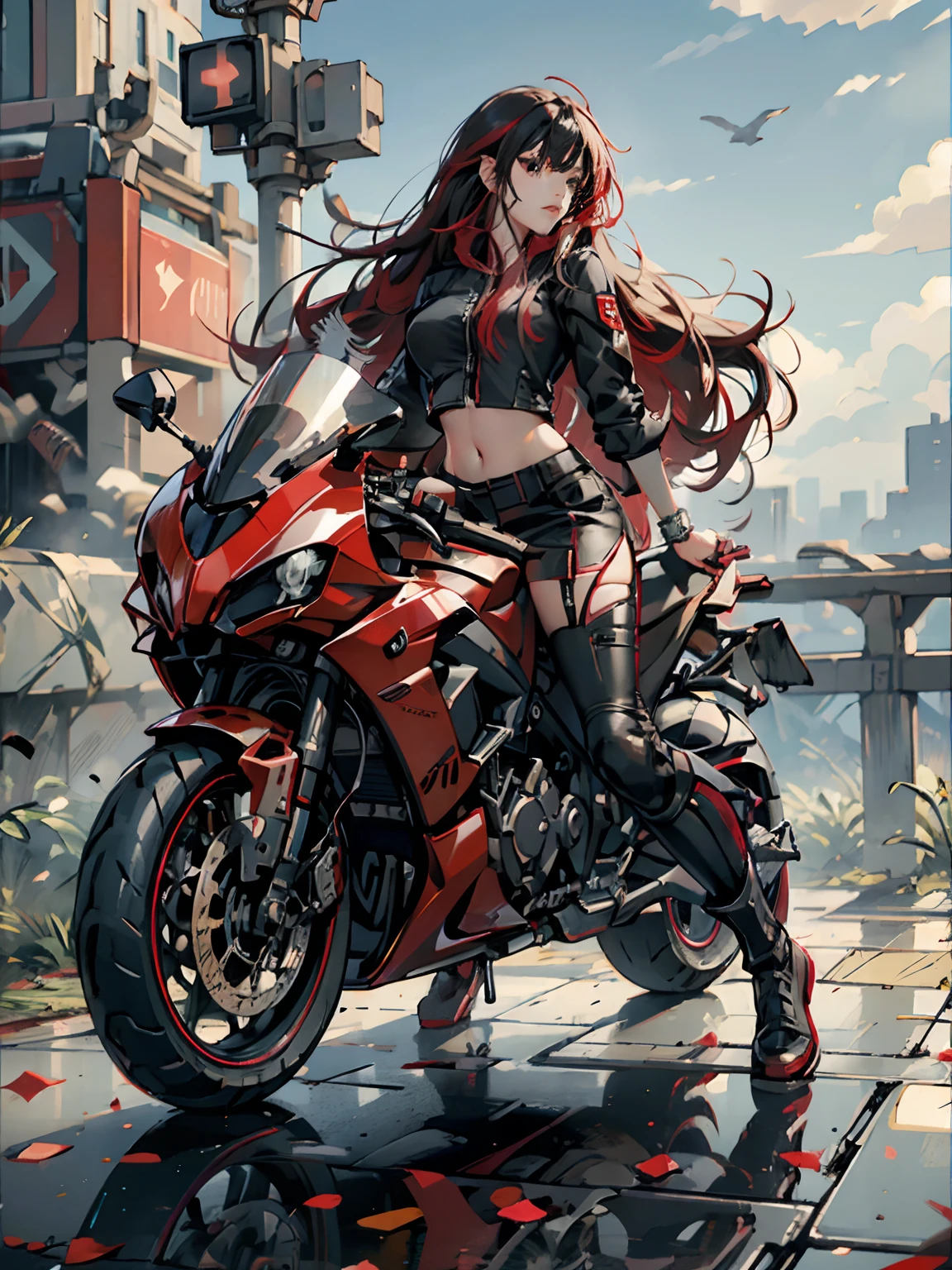 (Best Quality,4K,High resolution),                Woman in long work clothes with long hair、Red highlights on black hair keeping motorcycle in red metallic color、Realistic depiction with delicate details