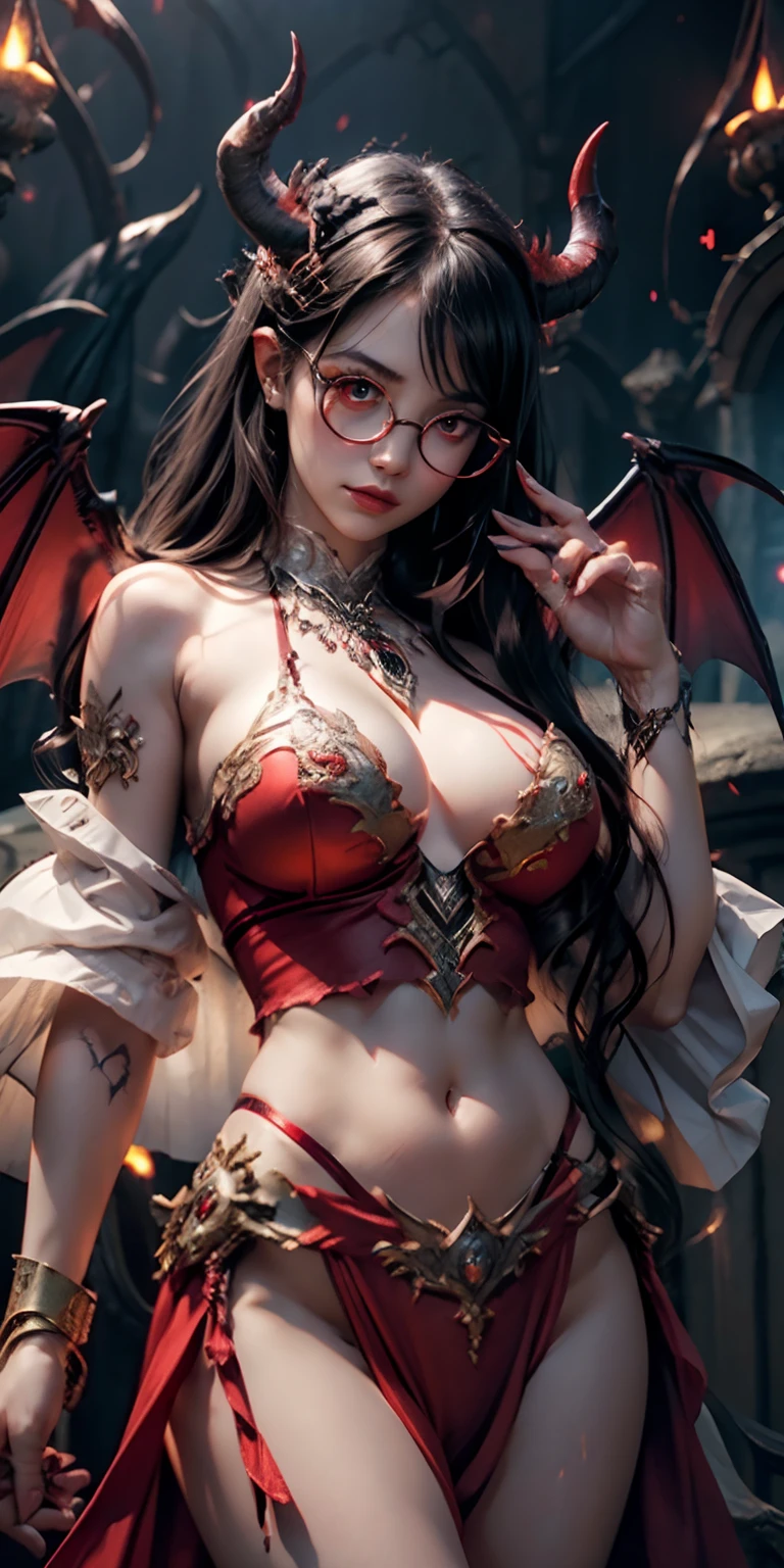 Fine、(The best illustrations)、8k UHD resolution、intricate-detail、top-quality、realisitic、ultra-detailliert、The best lighting、Best Shadows、Soft lighting、Ulutra HD、Dungeon and Dragon、caves、Dungeon、 A Necromancer、natta、Dark style、Succubus、Devil's Daughter、Bat Wings,(((Demon Horns)))、((((black-rimmed round glasses))))、(((Colossal tits)))、(Devil's Tail)、(red eyes glowing:1.6)、masterpiece、beautiful countenance、Tindall Effect、photos realistic、(High Detail Skins:1.2)、8KUHD、Digital SLR、hightquality、a picture、hight resolution、 absurderes、Ponytail distortion、best ratio four finger and one thumb、1人、hair adornments、Red sparkling gemstone necklace、jewely、Beautiful expression、Body Up、Large breasts emphasis、Toned waist、Wide buttocks、Tindall Effect、Photorealsitic、(High Detail Skins:1.2)、