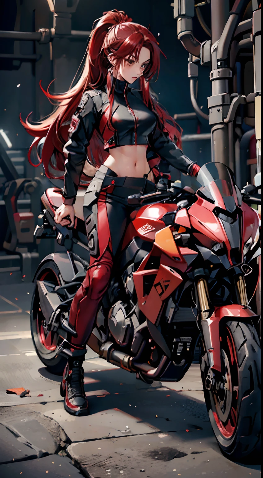 (Best Quality,4K,High resolution), Woman in red navel red work clothes with long hair with long red highlights on black hair maintaining a motorcycle in red metallic color、