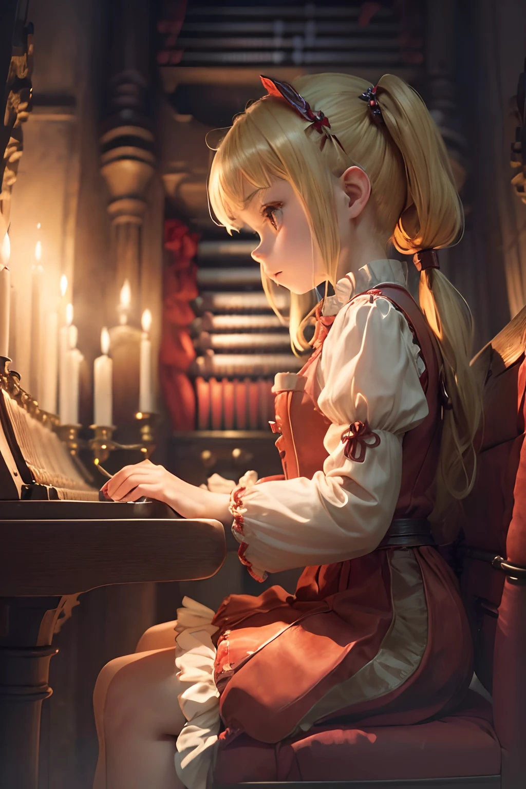(((Petite girl with blonde twin tails))),(Medieval red ruffled dress),1girl in,(masutepiece), (Best Quality), (Best Detail), (Distant perspective), (((Playing pipe organ while sitting in a chair))), Very detailed face, sci-fi style,Futuristic landscape, Night , shading ,(((chies))),(((Candlelight))),(((Angle from the side)))