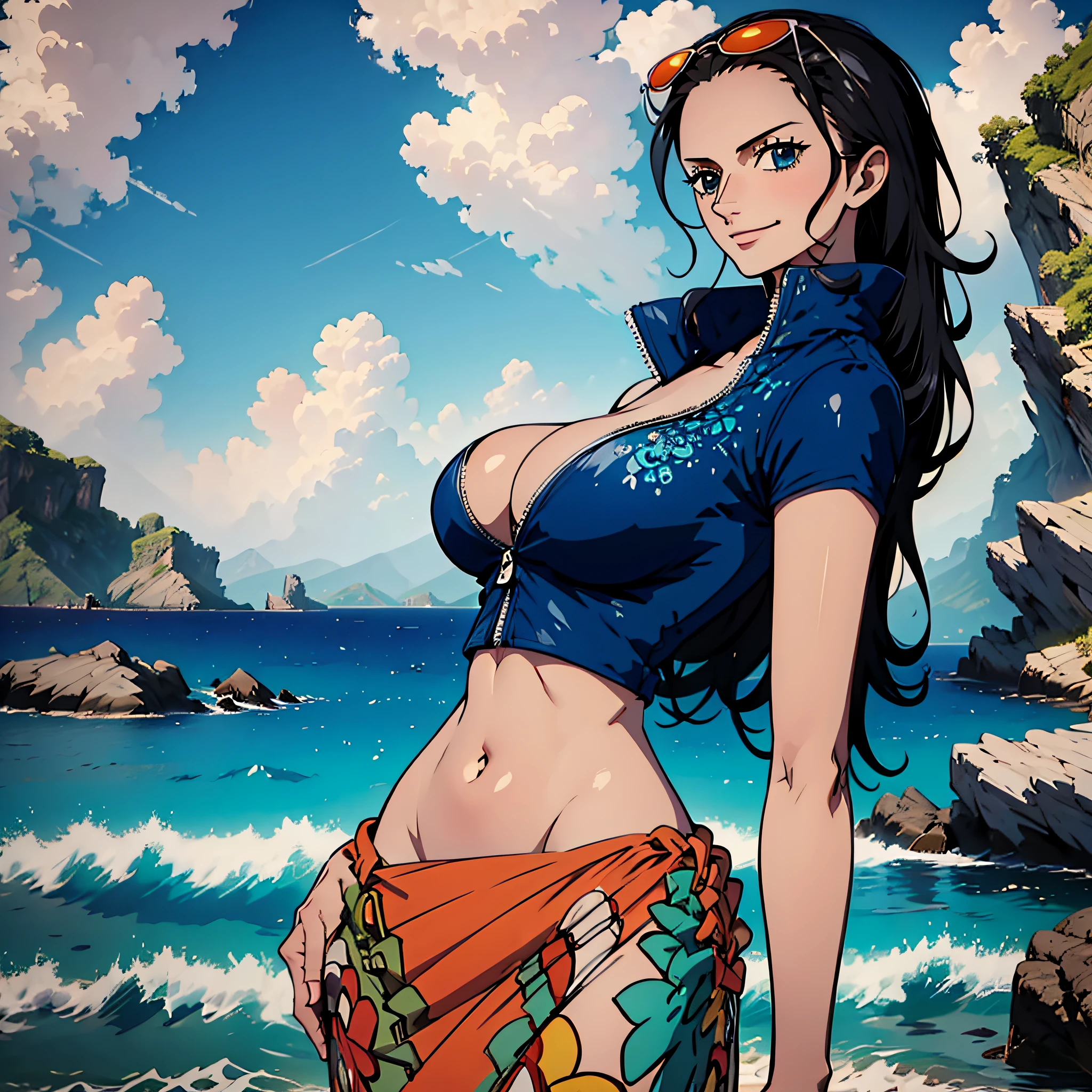 (((masterpiece))), NicoRobin, 1girl, solo, full body, long hair, looking at viewer, smile, blue eyes, large breasts, black hair, navel, holding, cleavage, closed mouth, standing, collarbone, jacket, short sleeves, cowboy shot, outdoors, sky, day, midriff, cloud, water, stomach, blue sky, crop top, groin, hand on hip, ocean, sunglasses, eyewear on head, zipper, cropped jacket, high collar, unzipped, sarong, hair slicked back, partially unzipped, print sarong,