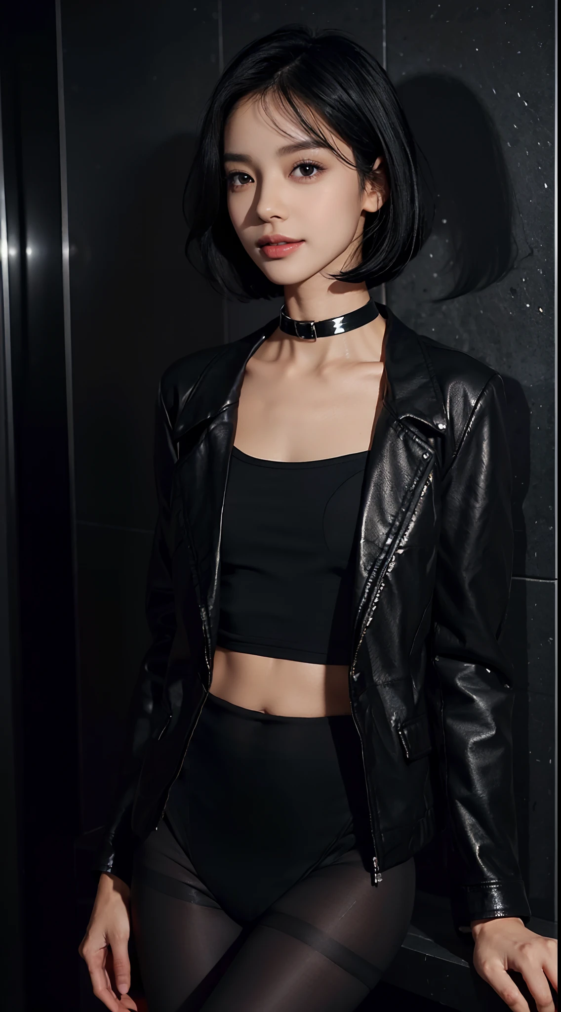 (shoulder length straight short hair: 1.1), (black hair:1.5),（Extremely meticulous CG 8k wallpaper），（Extremely refined and beautiful），（Masterpiece），（best qualtiy：1.0），（Ultra High Resolution：1.0），beautiful light up，Perfect lightning，realistic shaded，[A high resolution],(Smooth and flawless fair skin:1.5),(shiny skin:1.5),Extremely exquisite facial details，（perfect body：1.1），ultra - detailed，A beautiful girl，small head，(Small breasts:1.1)，Flat chests，slim，thin，Smile，cheerfulness,(black dog collar:1.5),(black jacket:1.5),(black fullbodypantyhose:1.4),Slender legs,standing,(Well-cut abdominal muscles:1.2),In elevator, bright lights,Portrait photo,close shot,cowboy shot,upper body