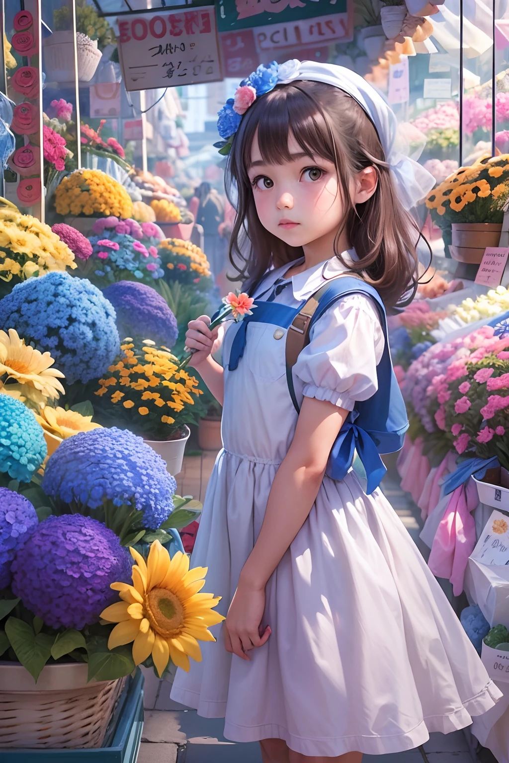 a girl walking with her puppy wearing beautiful clothes and carrying basket of flowers on the landscape