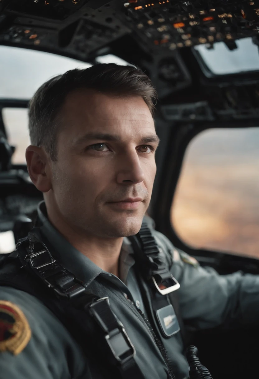 portrait d'un pilote d'avion de 40ans, calvitie, Face camera, regarde la camera cockpit, uhd