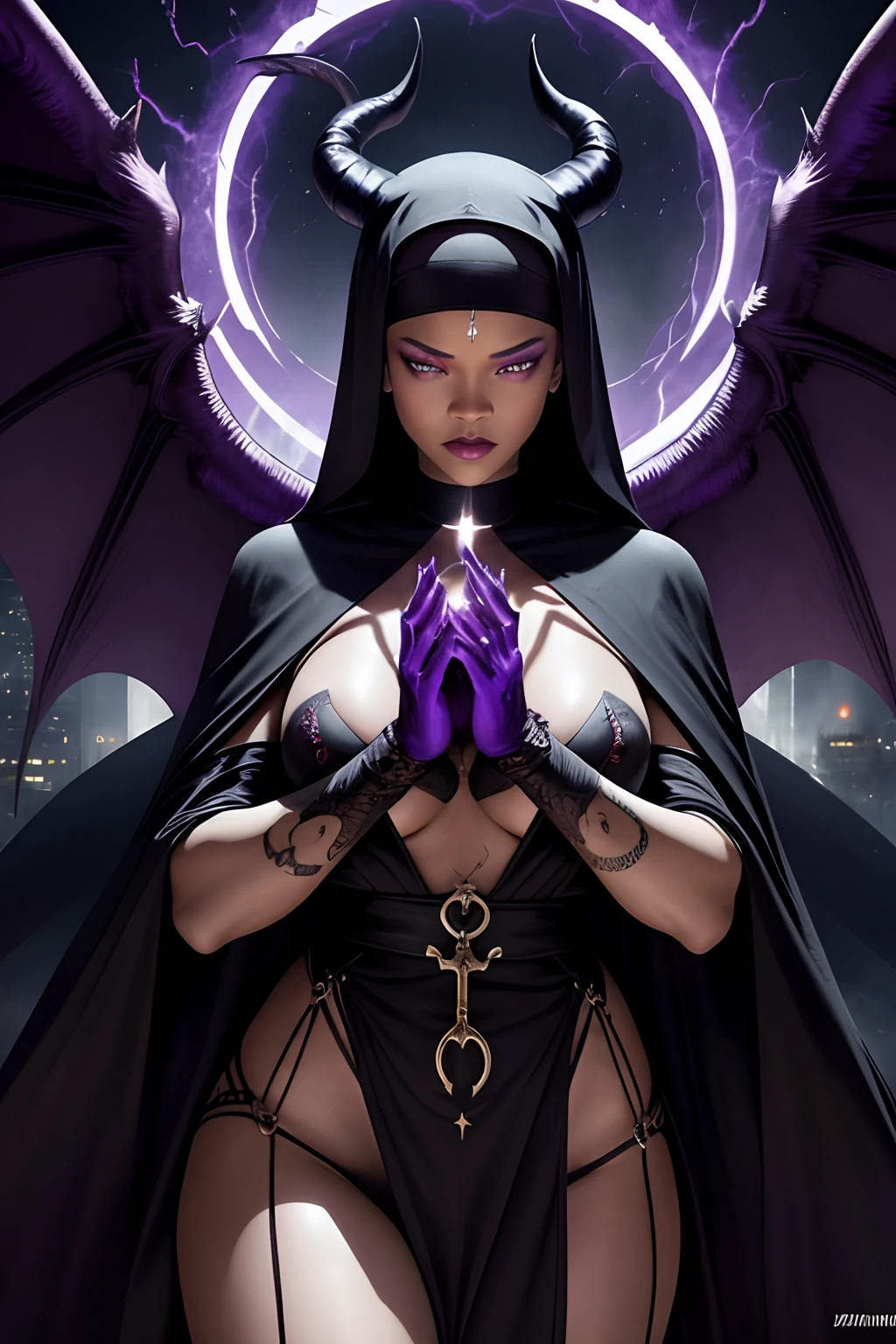 Rihanna : The evil nun, Demon horn, Demon wings on the head , sexy robe de nonne, Powerful flashes of destructive purple energy erupt from her hands, diabolique, insidieux, His powerful magic hits the buildings of a city , Context of the Satanic Church, detailled eyes, detailed hands