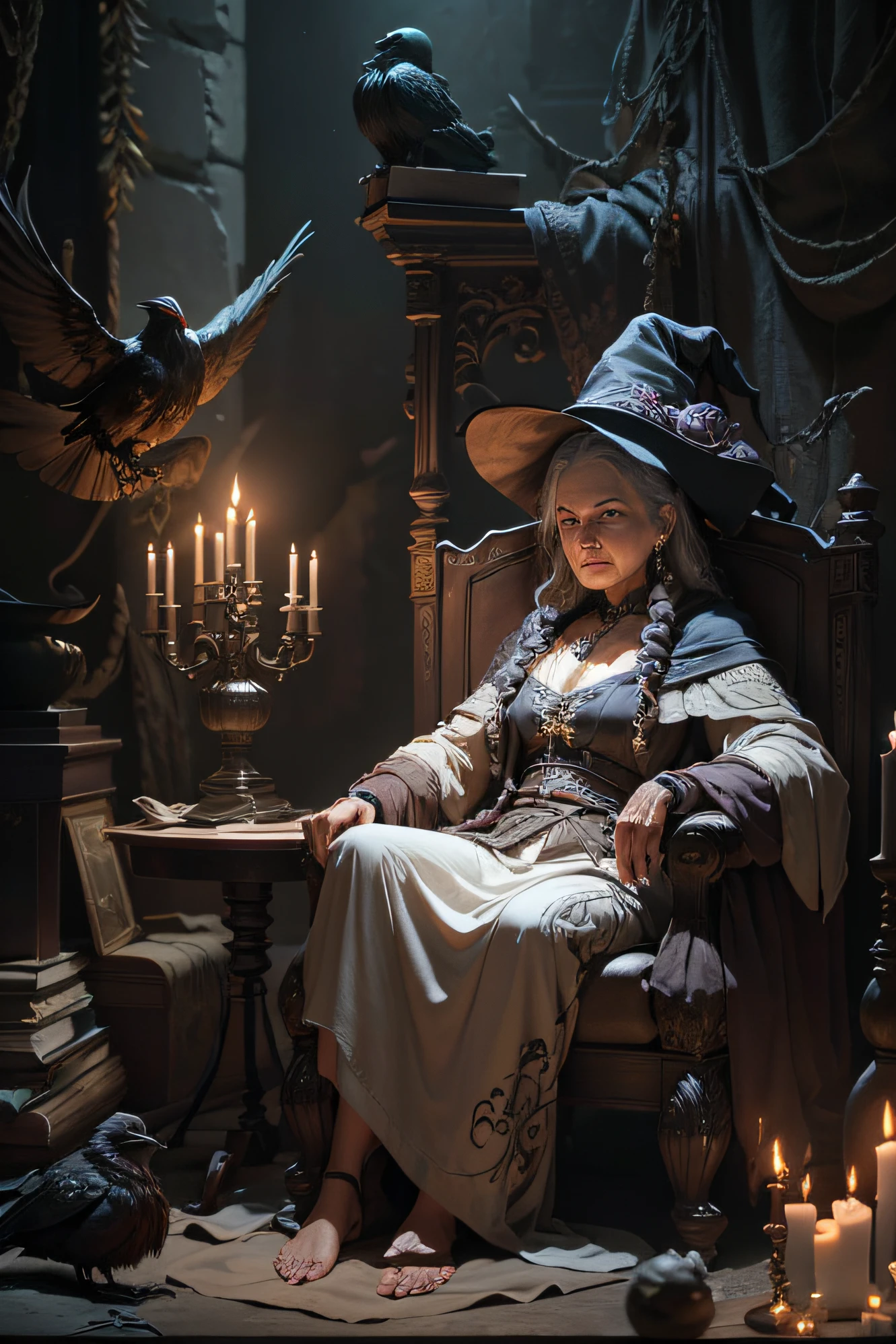 An old witch sits in a Kadilau chair in the background，She was holding a Soniste crow, Packed on sheets, hermit, Marble statue of, Deep octane rendering, Candlelight lighting, baroque, European, Look sideways at the camera, Anatomically correct, Super detailed