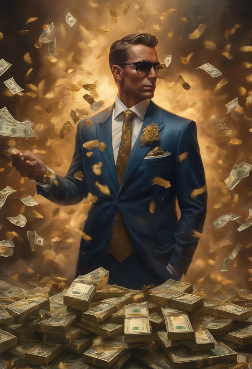 A detailed painting of a person in a suit, surrounded by a flurry of dollar bills and gold bar, gold coins, white smoke flying in front (((a lot of smokes)))