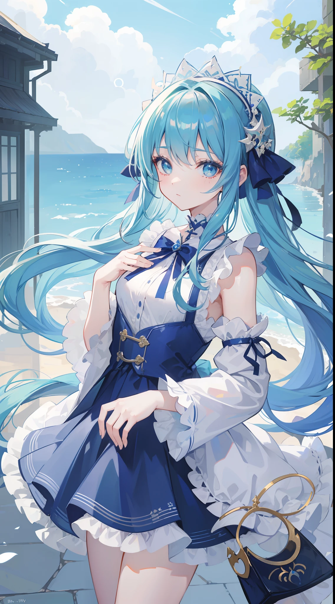 1 girl in、Blue Long Hair、Twin-tailed、Green eyes、Drawn from a specific angle、Looking at the camera、delicate finger、beautiful ilumination、fuffy dress、Navy blue skirt,Outdoor scene in the background、(High resolution of the highest quality)、((Masterpieces of the highest quality:1.2))