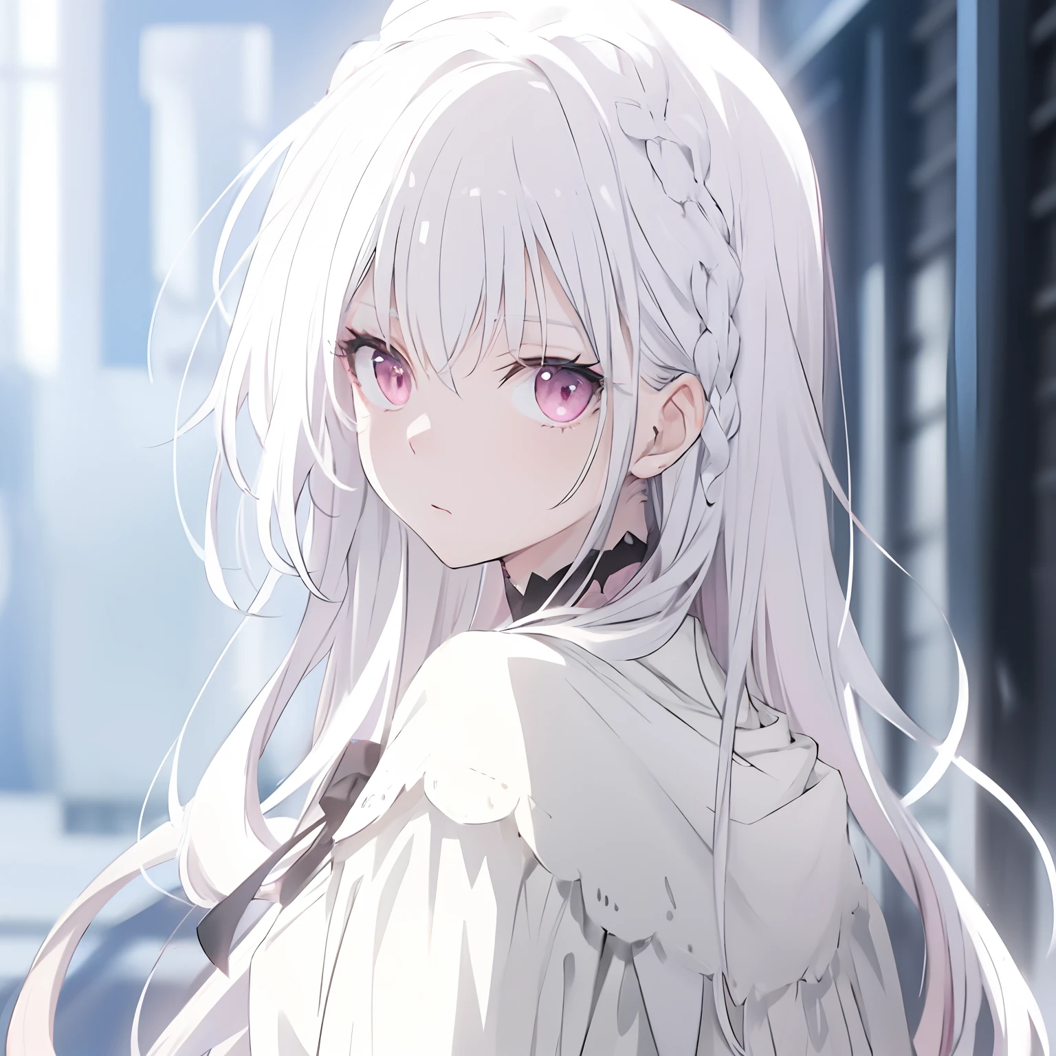 Woman, long straight hair, white hair, light pink tips, bright light pink eyes.