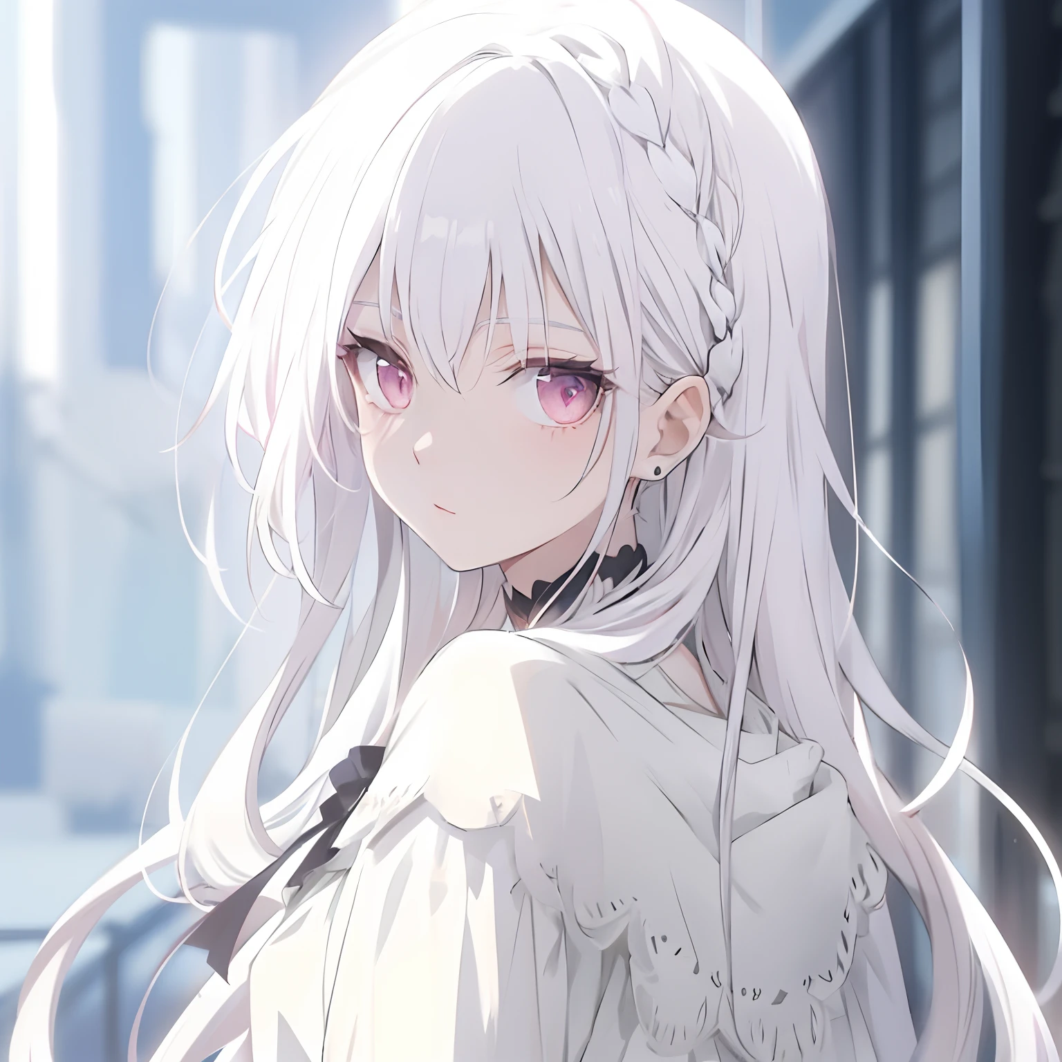 Woman, long straight hair, white hair, light pink tips, bright light pink eyes.