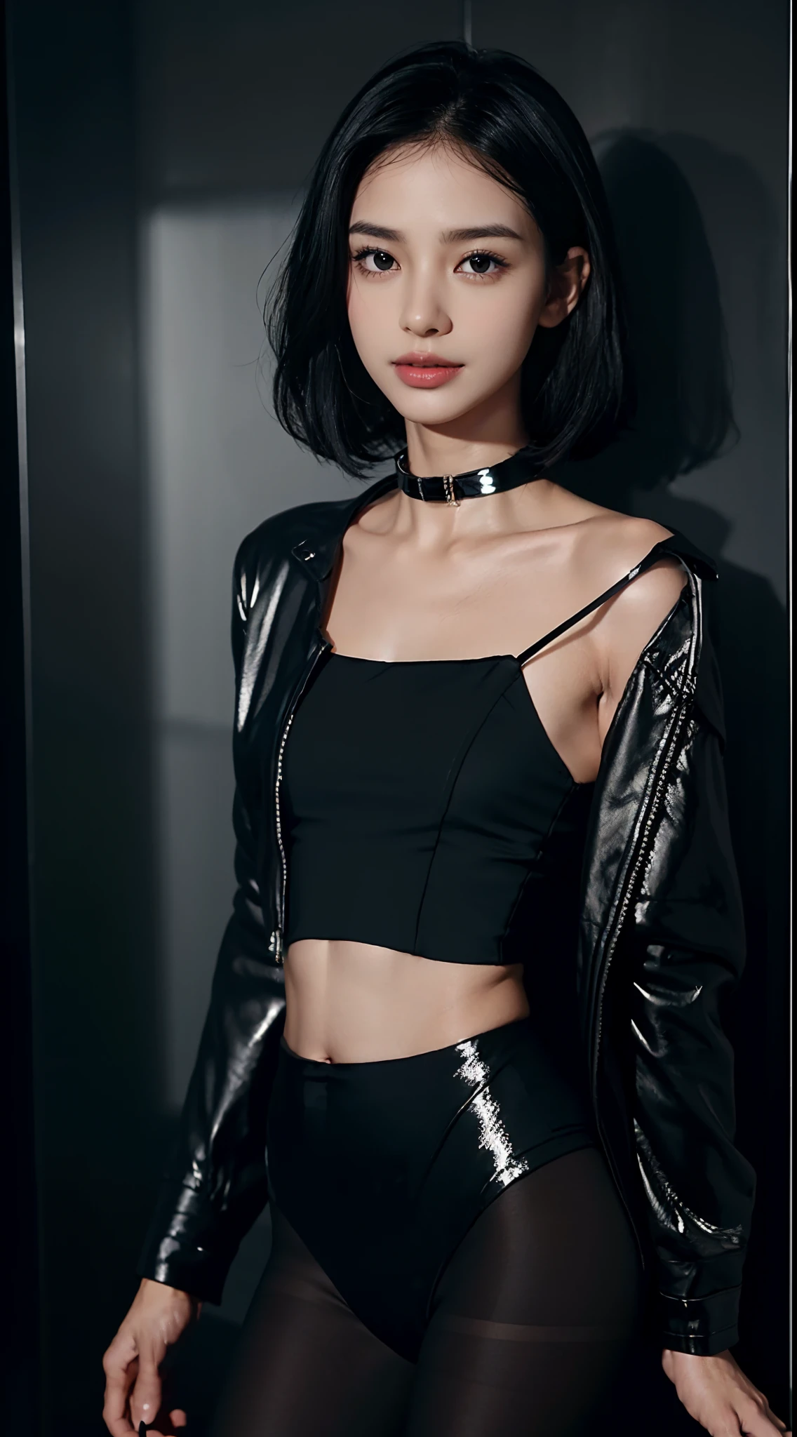 (shoulder length straight short hair: 1.1), (black hair:1.5),（Extremely meticulous CG 8k wallpaper），（Extremely refined and beautiful），（Masterpiece），（best qualtiy：1.0），（Ultra High Resolution：1.0），beautiful light up，Perfect lightning，realistic shaded，[A high resolution],(Smooth and flawless fair skin:1.5),(shiny skin:1.5),Extremely exquisite facial details，（perfect body：1.1），ultra - detailed，A beautiful girl，small head，(Small breasts:1.1)，Flat chests，slim，thin，Smile，cheerfulness,(black dog collar:1.5),(black jacket:1.5),(black fullbodypantyhose:1.4),Slender legs,standing,(Well-cut abdominal muscles:1.2),In elevator, bright lights,Portrait photo,close shot,cowboy shot,upper body
