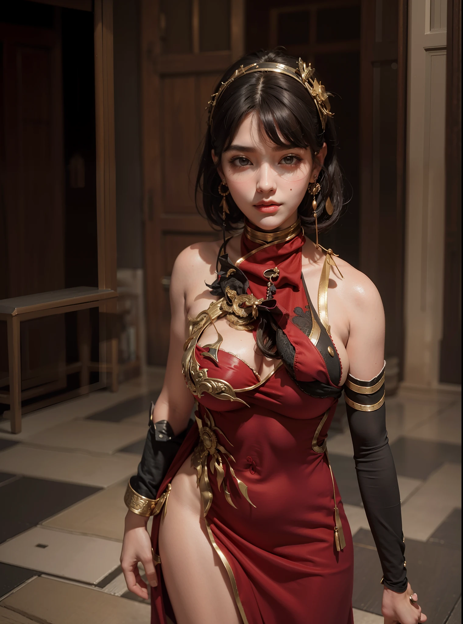 Best quality, masterpiece, big boobs, (large breasts), detailed skin texture, detailed cloth texture, detailed face, super detail, 8k, intricate detail, 1girl, red black hair