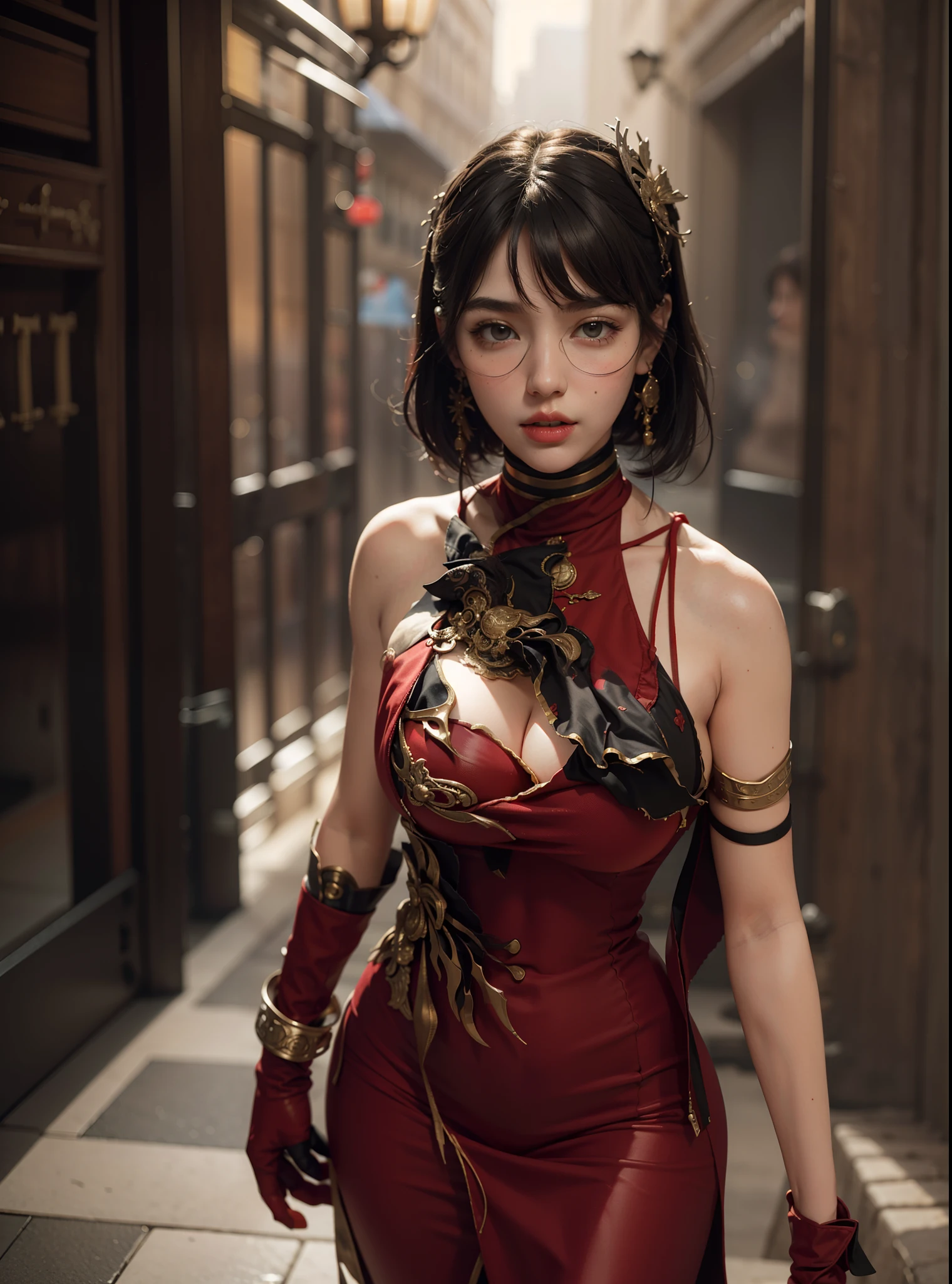 Best quality, masterpiece, big boobs, (large breasts), detailed skin texture, detailed cloth texture, detailed face, super detail, 8k, intricate detail, 1girl, red black hair