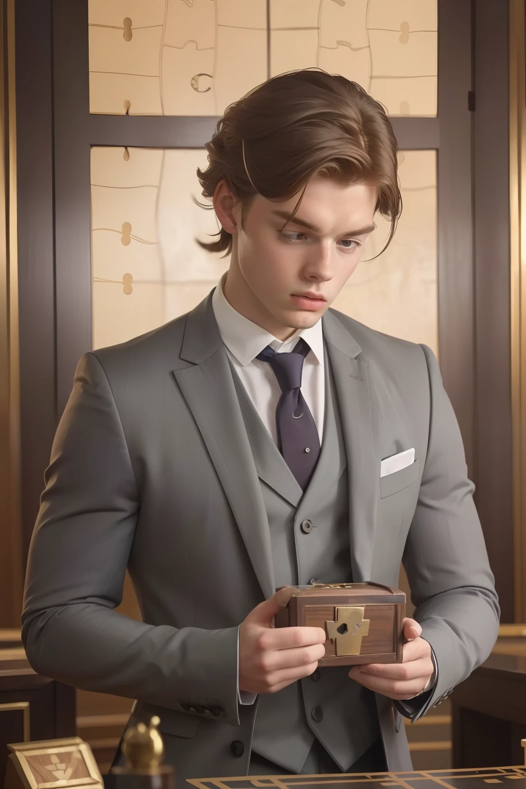 year: 2023. Location: Phoenix. Pre-Raphaelite scene with a 21-year-old Dominic Sherwood, wearing a grey suit, deciphering a ((puzzle box)), ((concentration look)), ((emotional)), ((((Clothing from the 2020s)))) ((Hairstyle of the 2020s)), pastel colors, (((cinematic style)))